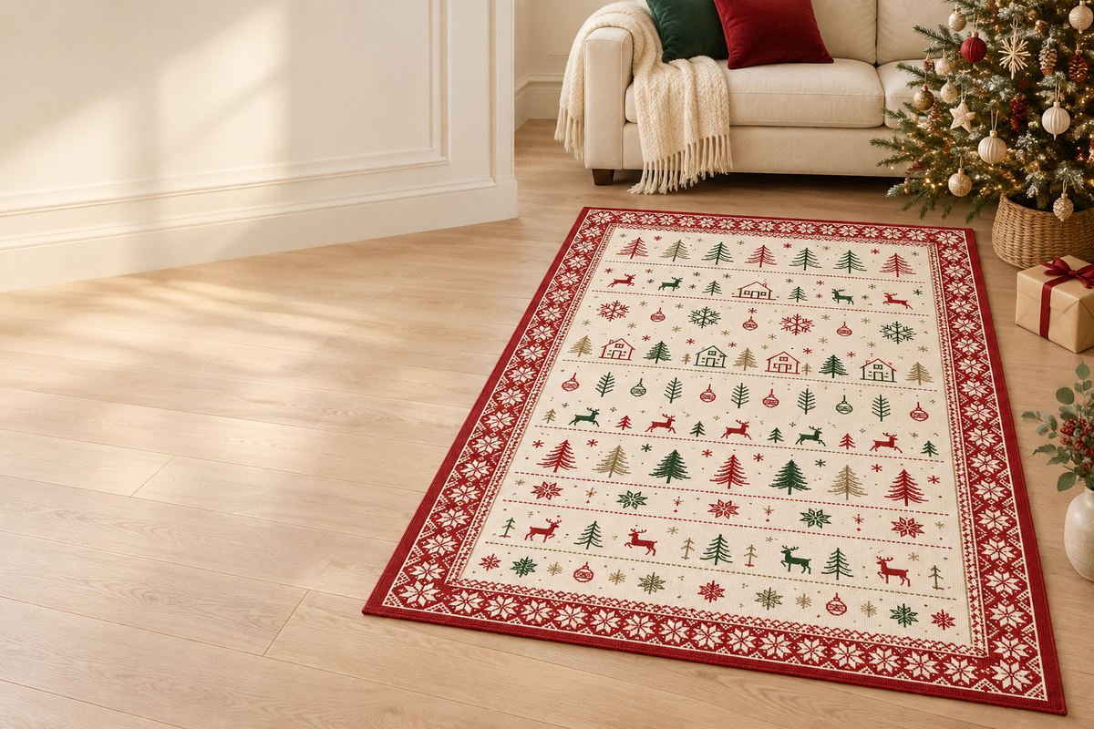 Scandi Christmas rug beside a Christmas tree in a cream living room