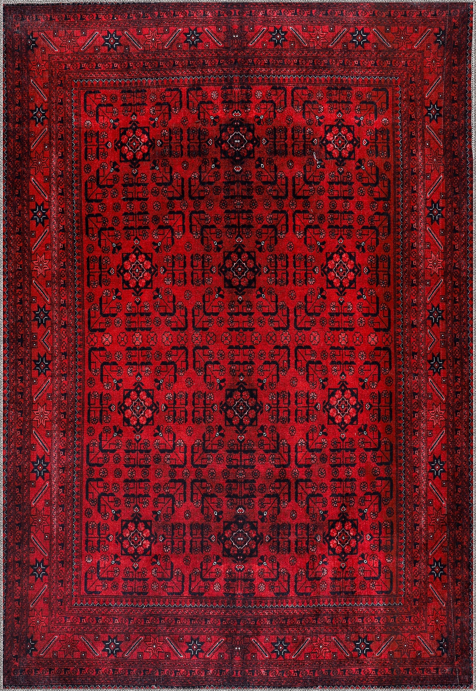 Top view of Netline Home washable red Afghan pattern area rug with traditional geometric design for living room, bedroom, or office.