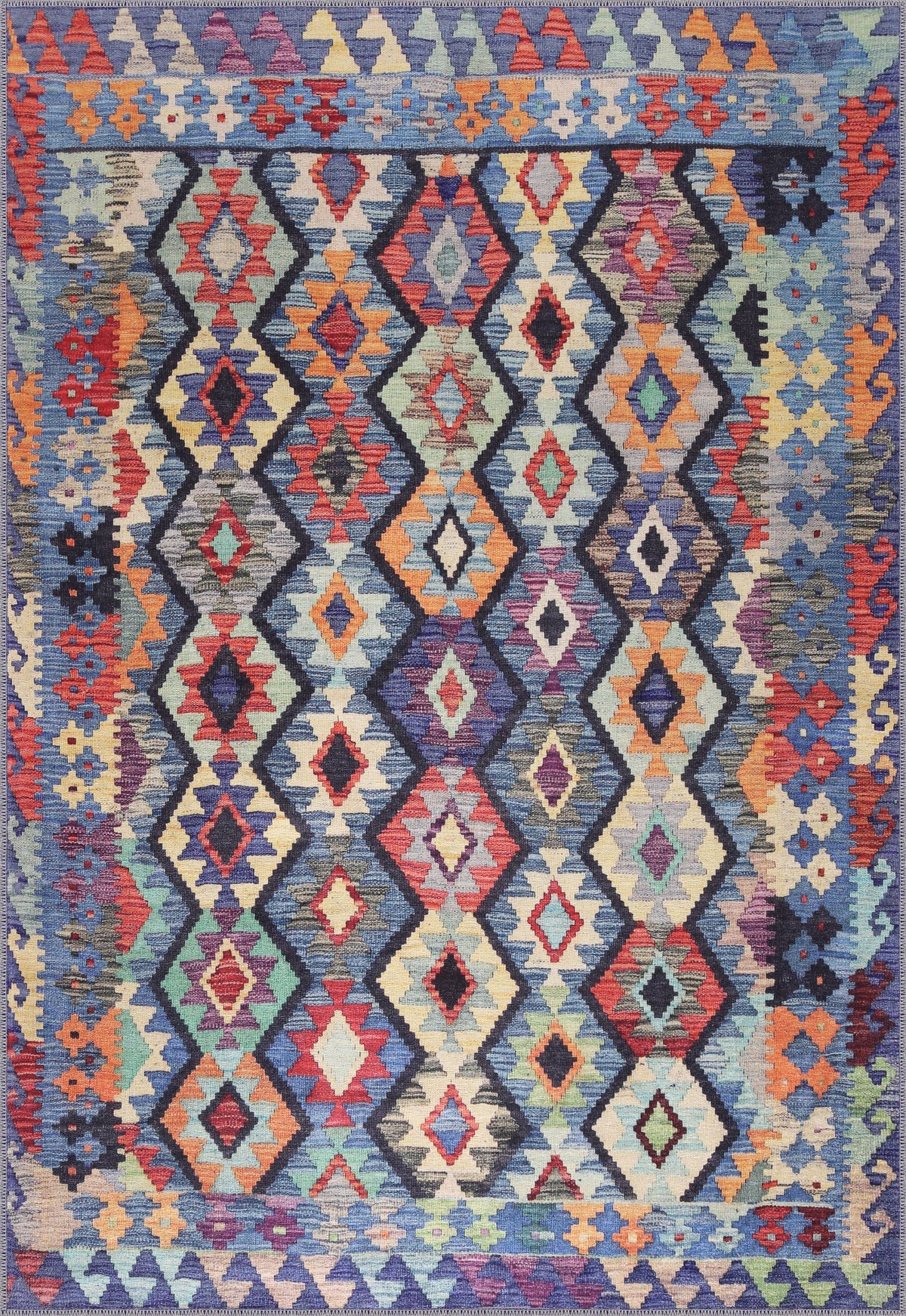 Colorful Kilim tribal geometric washable rug by Netline Home with chenille texture and non-slip cotton backing.