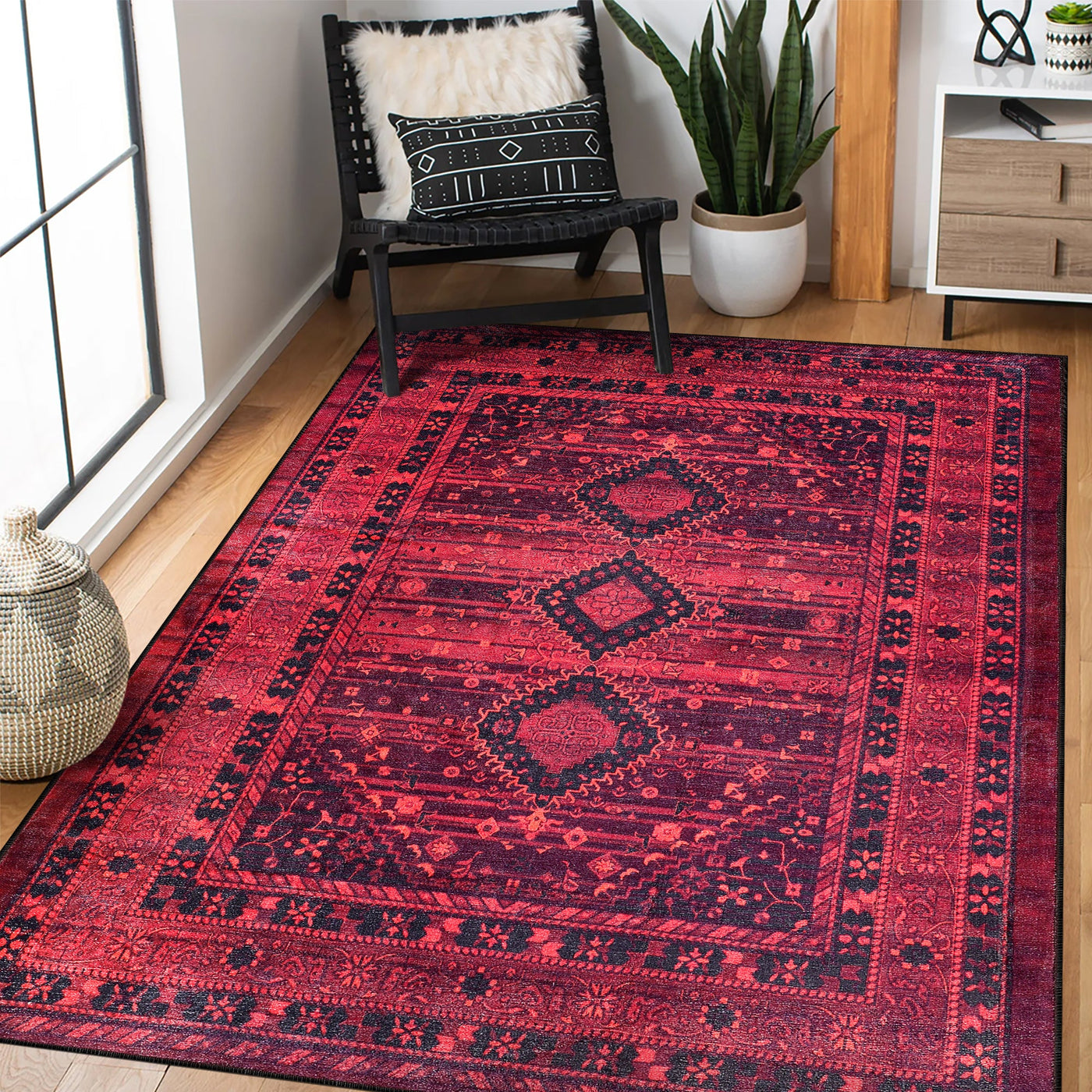 Red tribal medallion washable rug by Netline Home with oriental geometric pattern, ideal for living room, bedroom, or office.