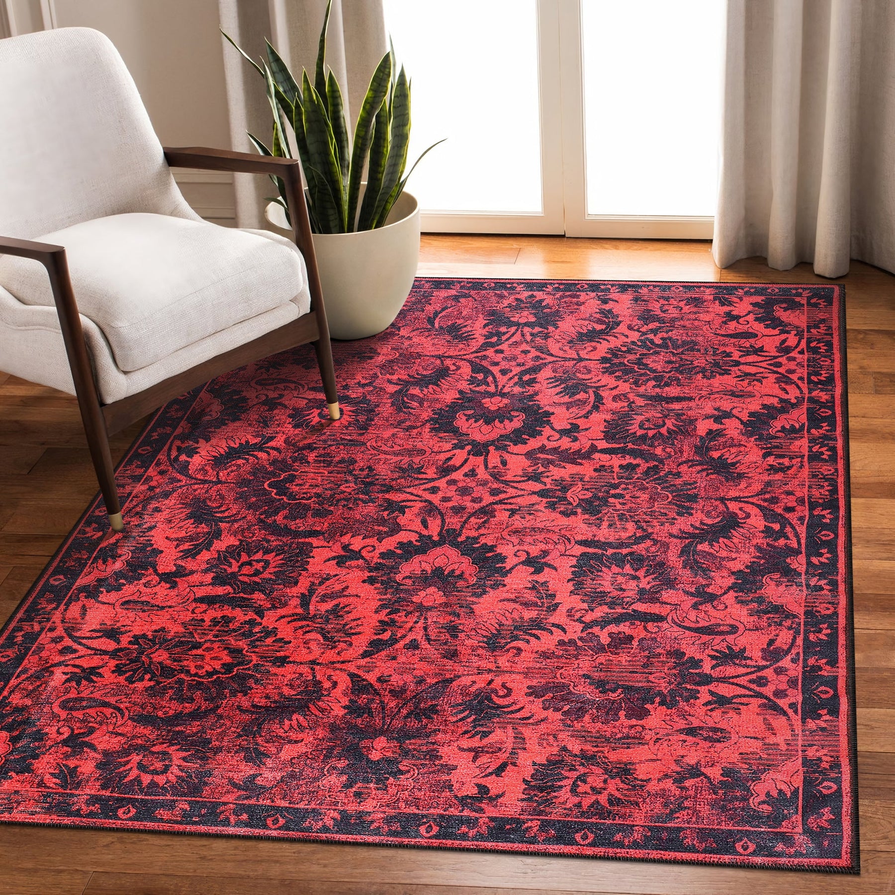 Red vintage floral washable rug by Netline Home featuring damask-inspired oriental design, ideal for living room, bedroom, or dining area.