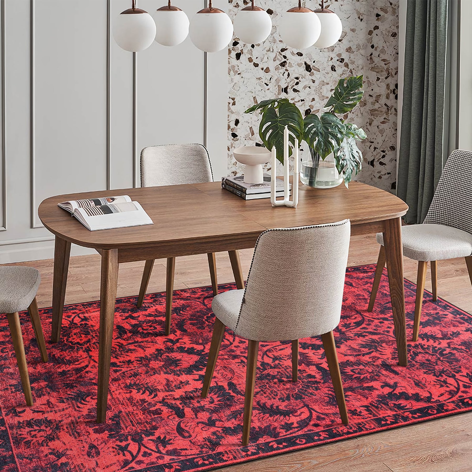 Red vintage floral washable rug by Netline Home, damask-inspired oriental carpet for living room, bedroom, or dining area.