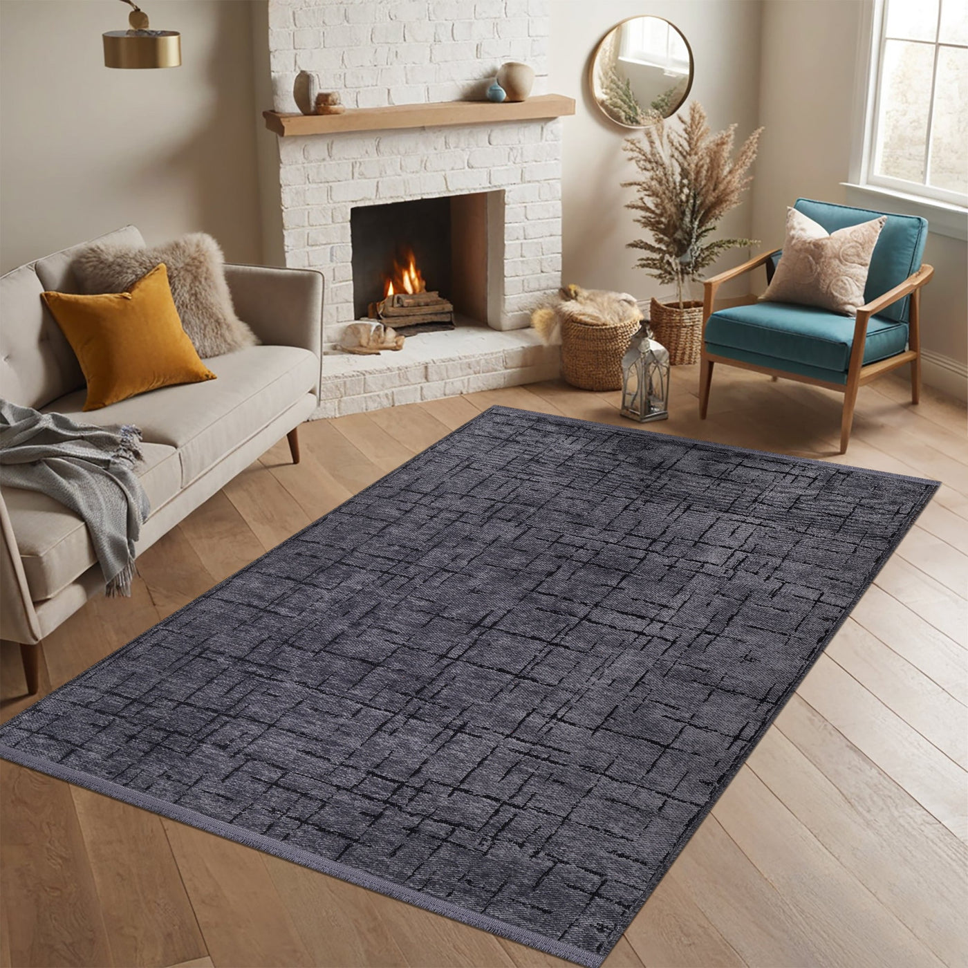 Dark gray washable chenille rug from Netline Home, machine washable and soft, ideal for cozy living spaces.