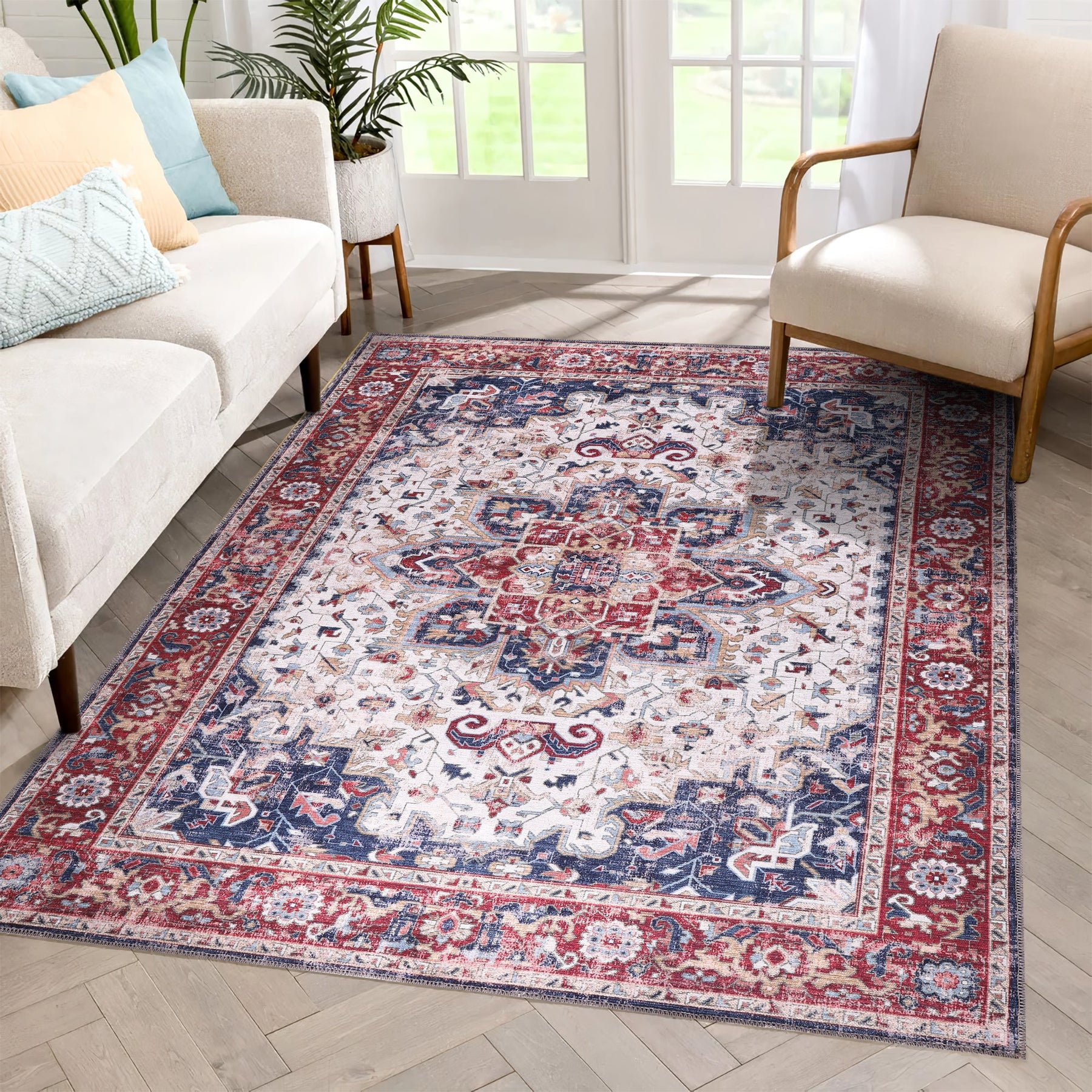 Machine washable Persian Heriz rug by Netline Home featuring traditional oriental medallion design, suitable for living room or bedroom.