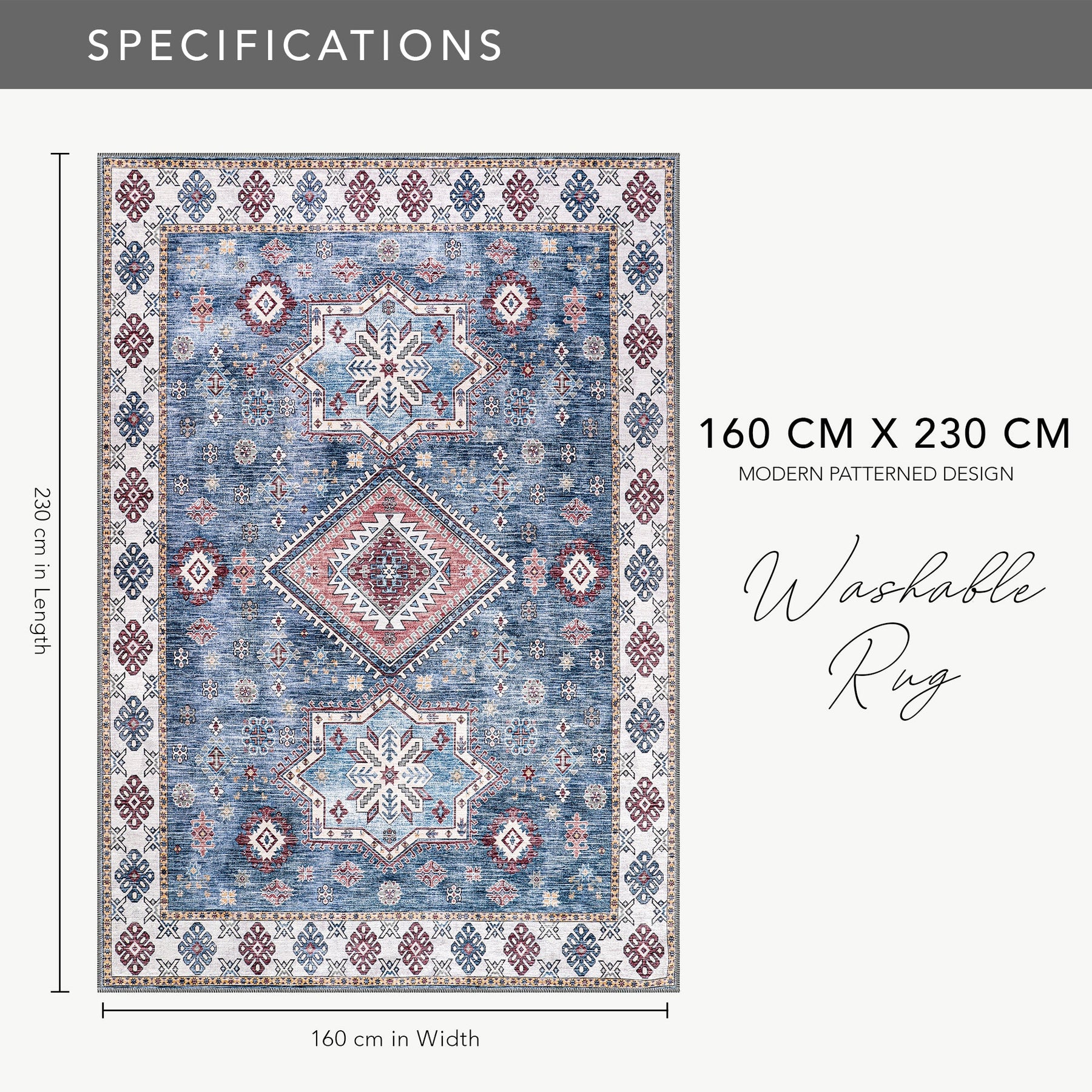 Multicolor geometric washable rug by Netline Home with tribal design, featuring vibrant patterns and durable fabric.