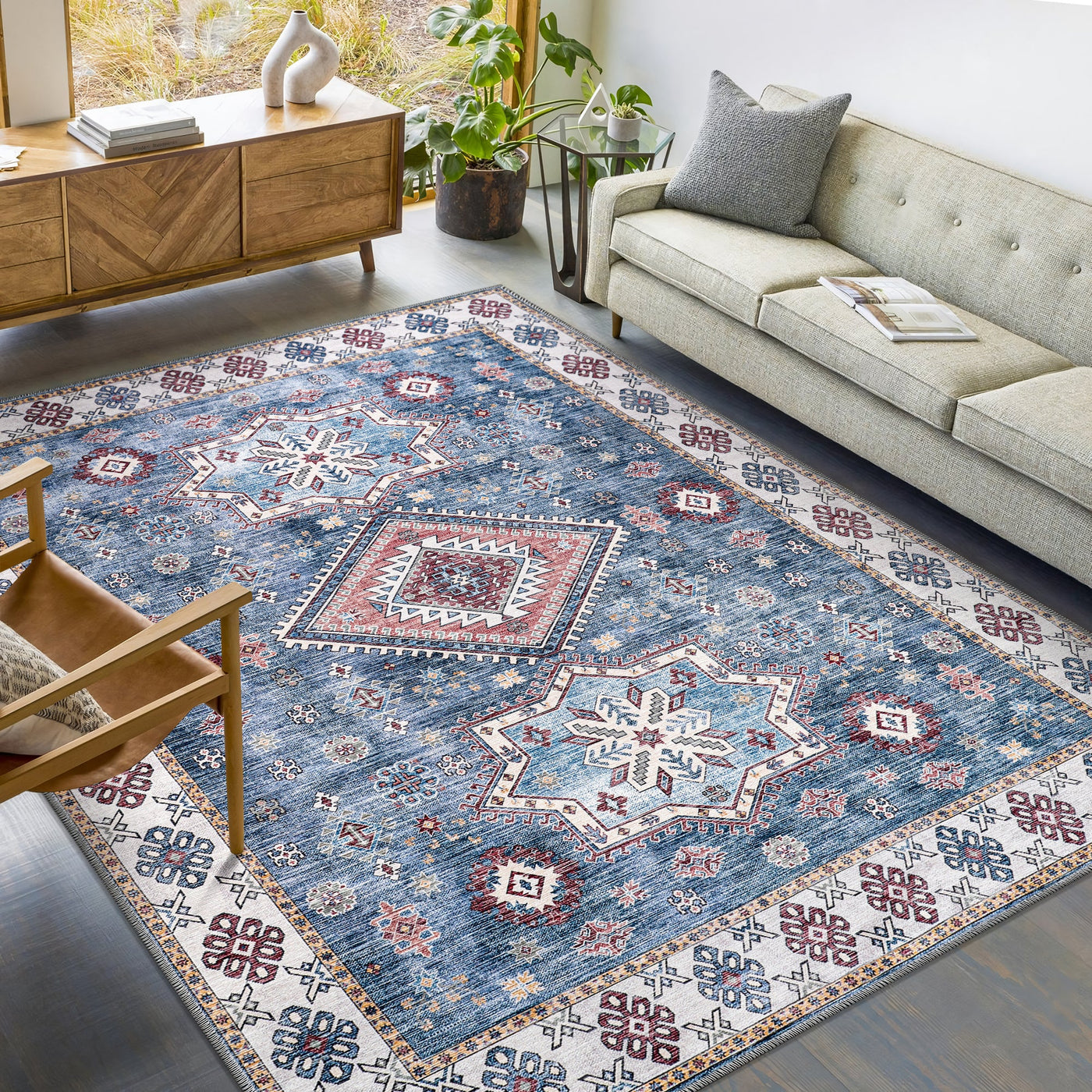 Multicolor geometric washable rug by Netline Home featuring tribal-inspired patterns in vibrant shades.