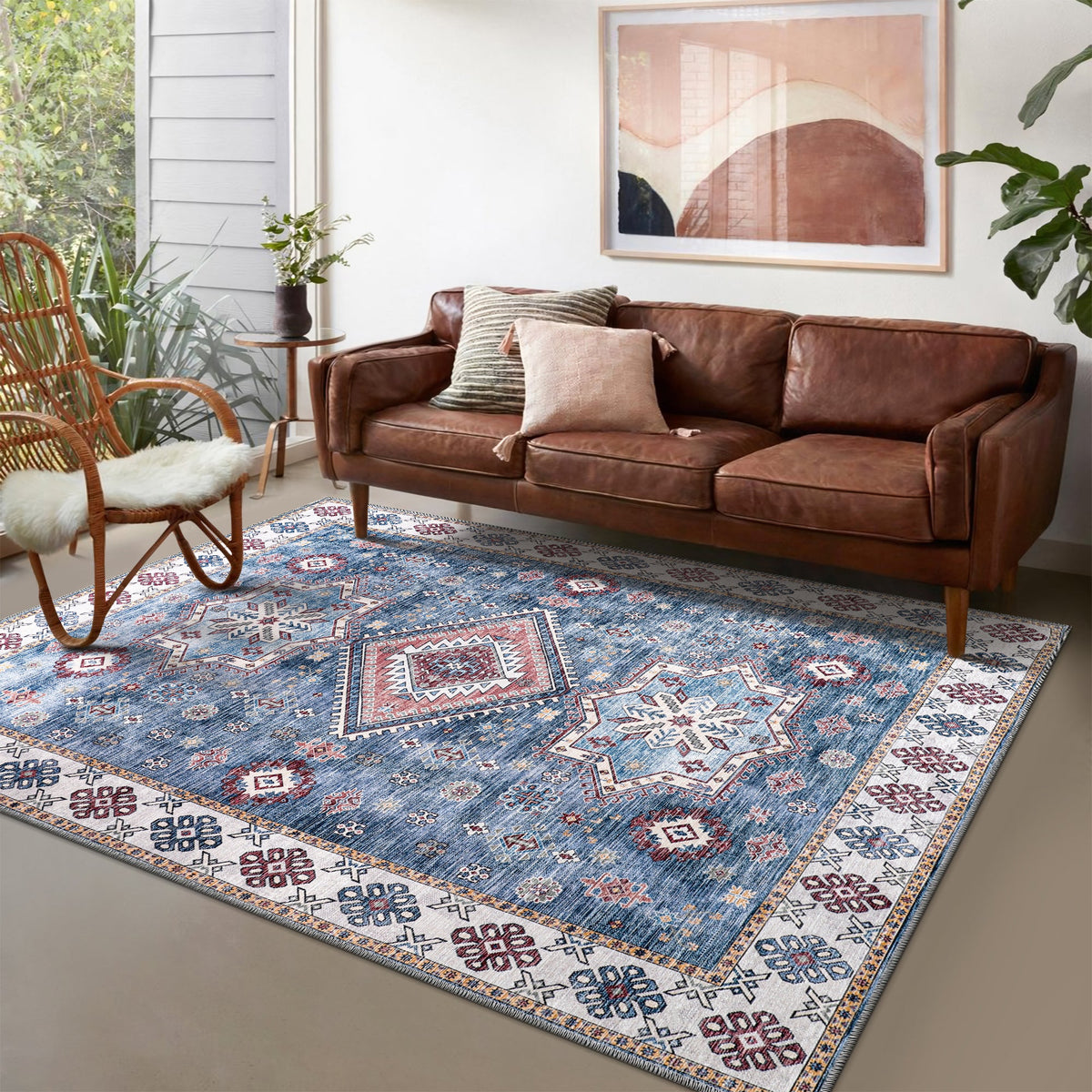 Colorful geometric washable rug by Netline Home featuring tribal multicolor design with bold patterns and soft fabric.