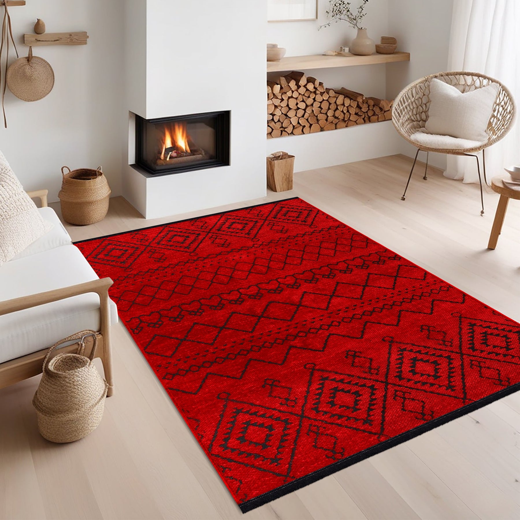 Machine washable red chenille rug from Netline Home, featuring soft, plush texture and durable design for easy cleaning.