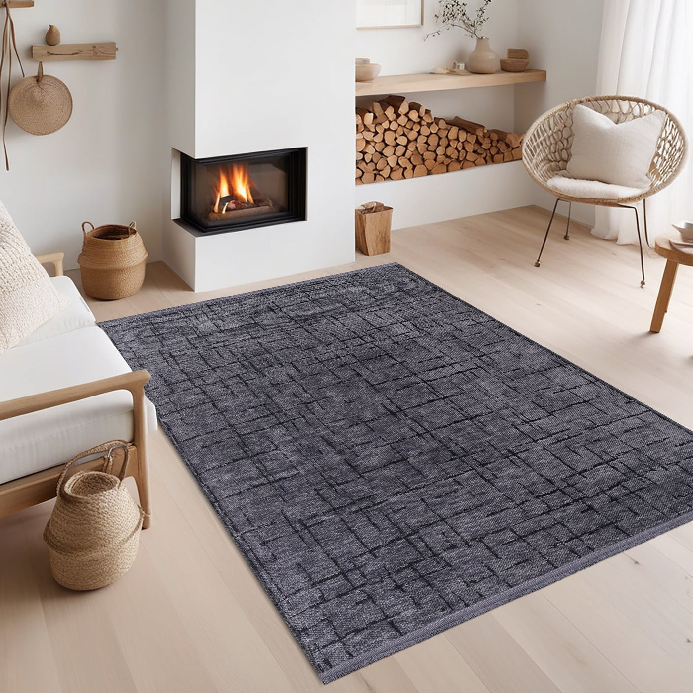 Dark gray machine washable chenille rug by Netline Home, soft and plush, perfect for living rooms and bedrooms.