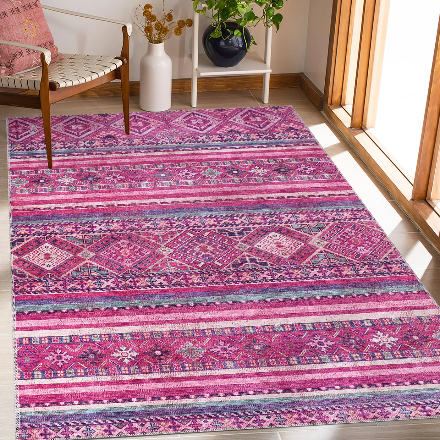 Bohemian pink striped washable rug from Netline Home with vibrant pink and white stripes, soft texture, and durable design.