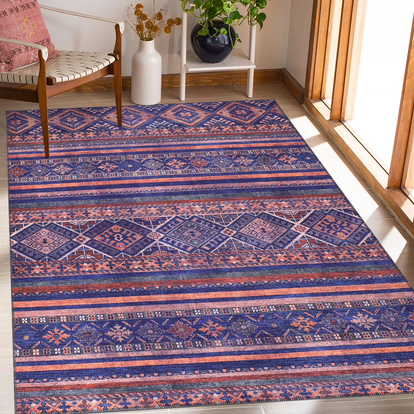 Modern purple floral washable rug by Netline Home featuring vibrant floral patterns on a soft, durable fabric background.