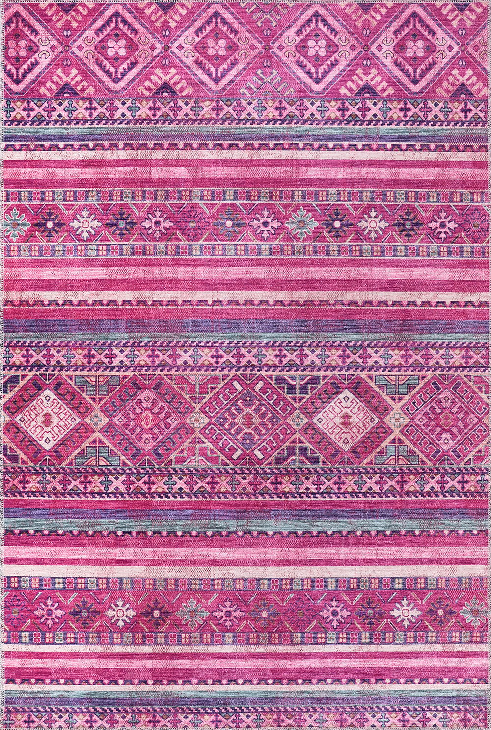 Bohemian pink striped washable rug by Netline Home featuring vibrant pink and neutral stripe design, soft textured surface.