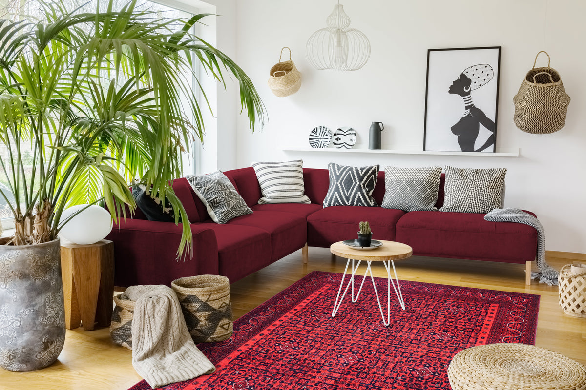 Machine washable Bokhara red rug by Netline Home with classic geometric oriental design, perfect for living rooms and bedrooms.