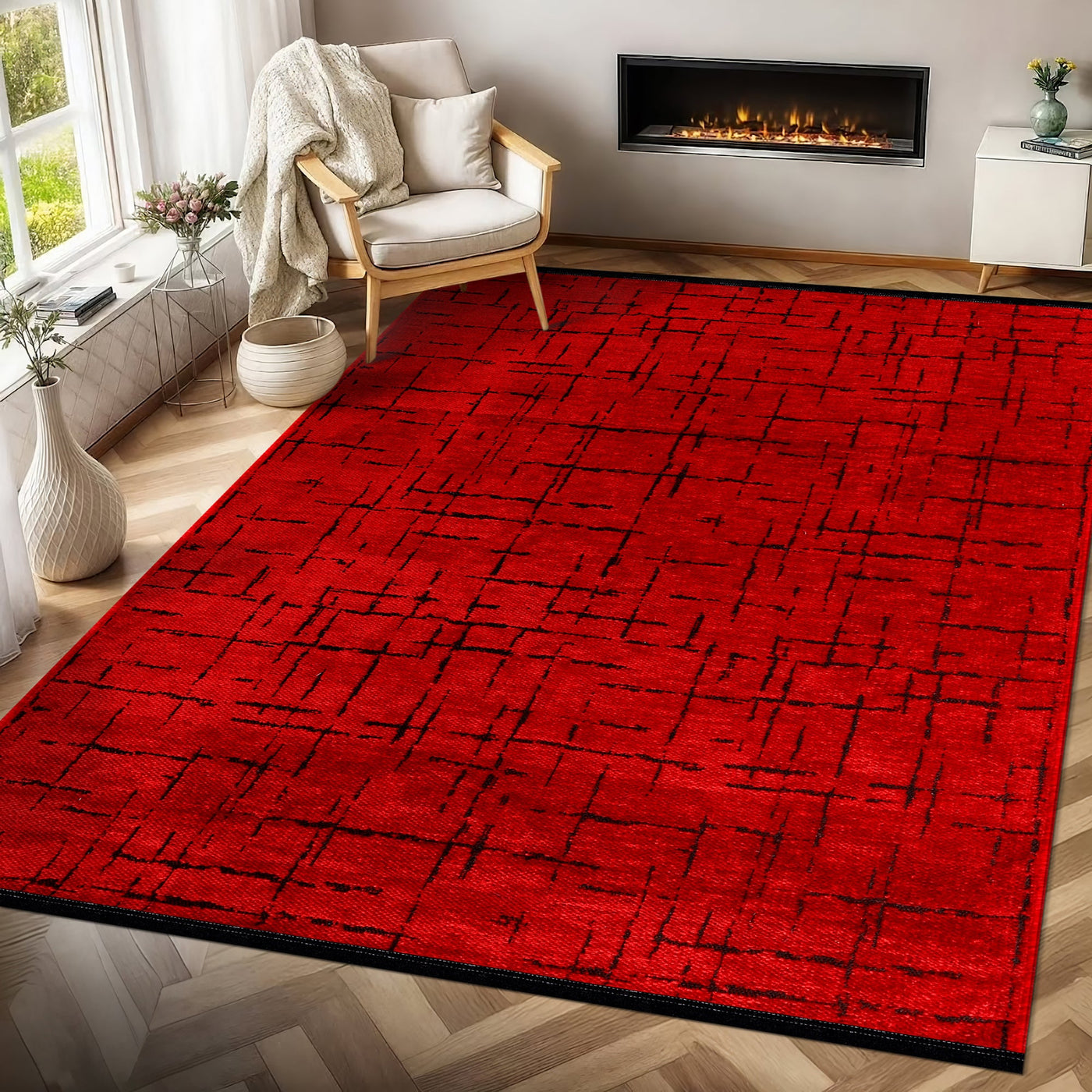 Red machine washable chenille rug by Netline Home, soft and durable, perfect for cozy living spaces.