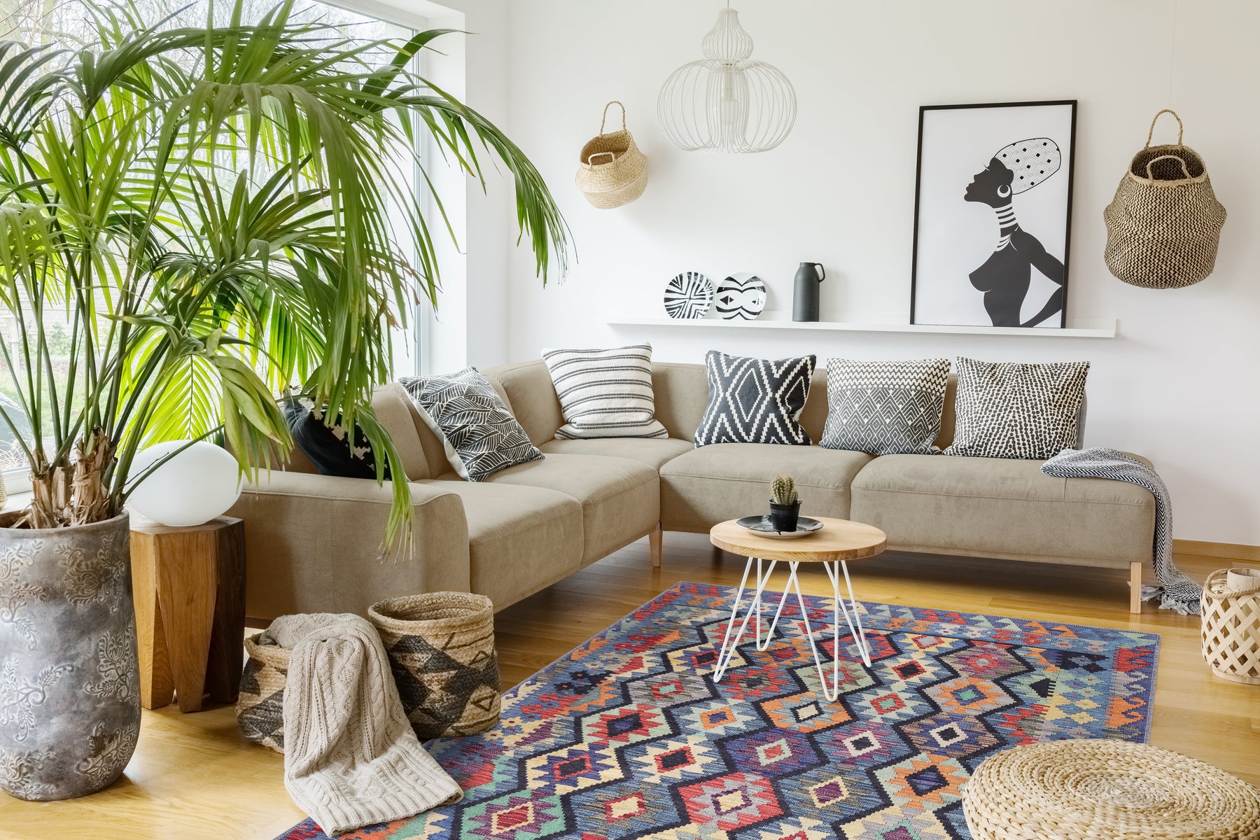 Colorful tribal diamond geometric kilim rug by Netline Home, machine washable, ideal for living room, bedroom, or dining area.