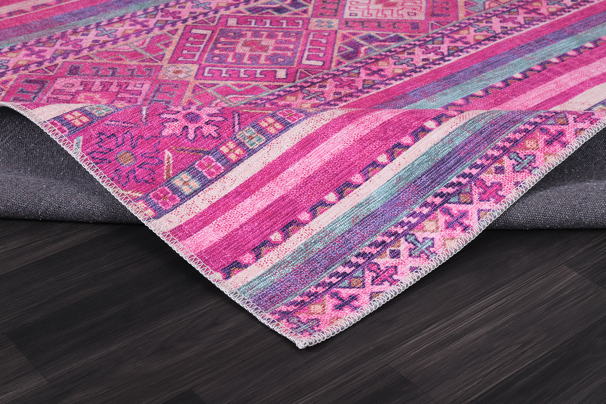 Bohemian pink striped washable rug by Netline Home with vibrant pink and white stripes, soft texture, and durable design.
