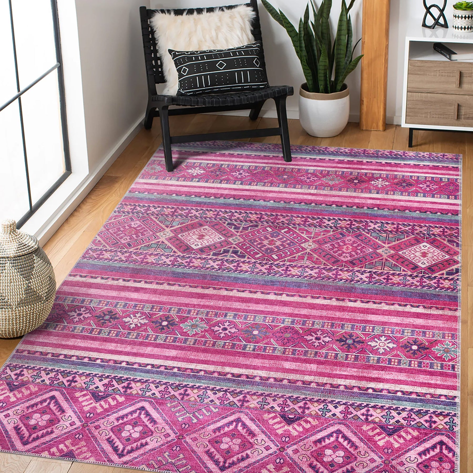 Bohemian pink striped washable rug from Netline Home with vibrant pink and white stripes, soft textured fabric, and durable design.