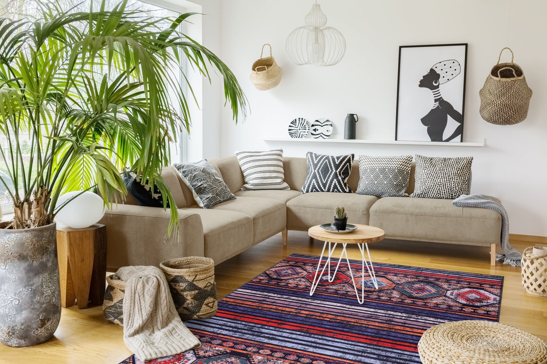 Black and white geometric patchwork washable rug by Netline Home, featuring modern design and soft, durable fabric.