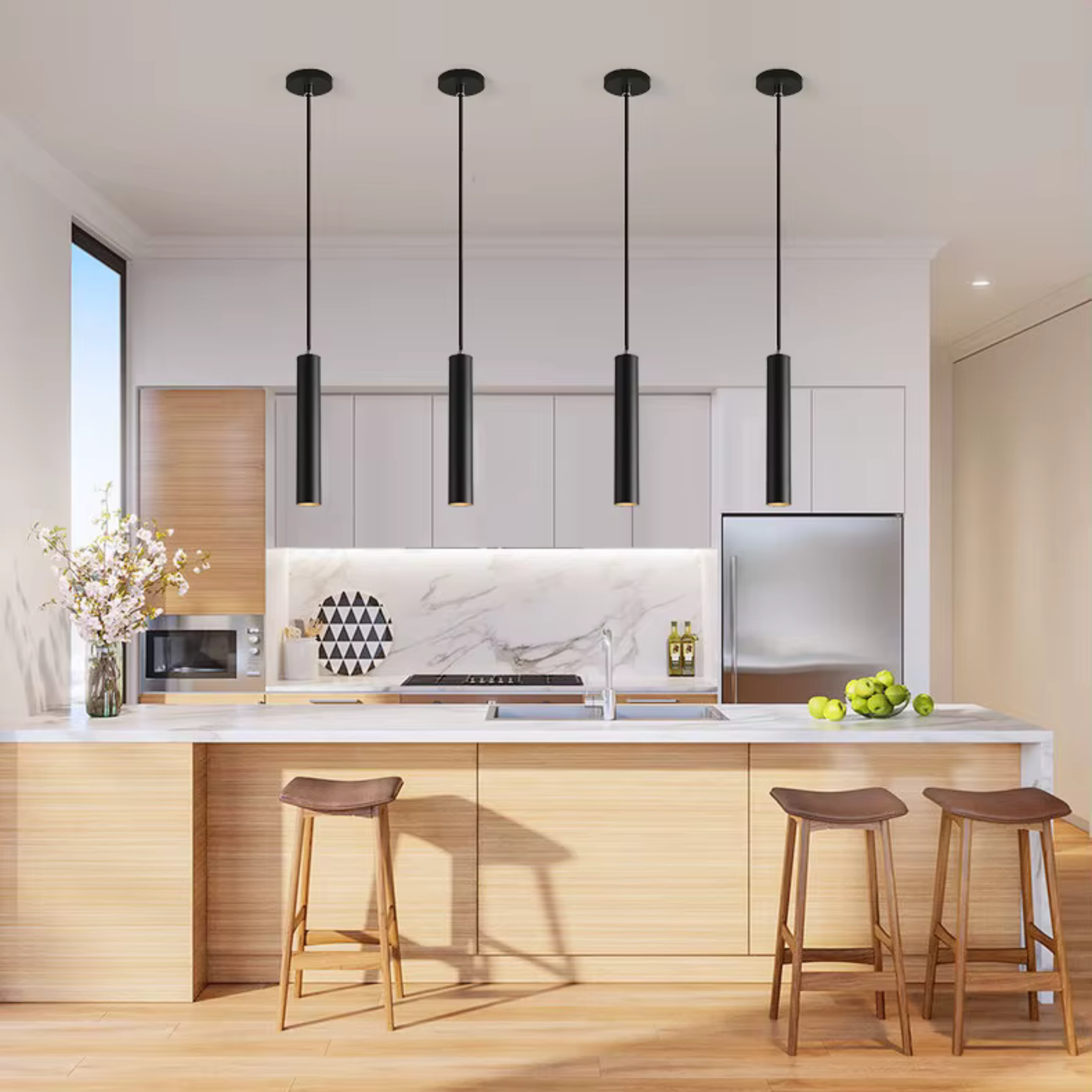 Light My House Trip Black Pendant Light hanging in a modern bedroom, adjustable minimal design for stylish lighting.