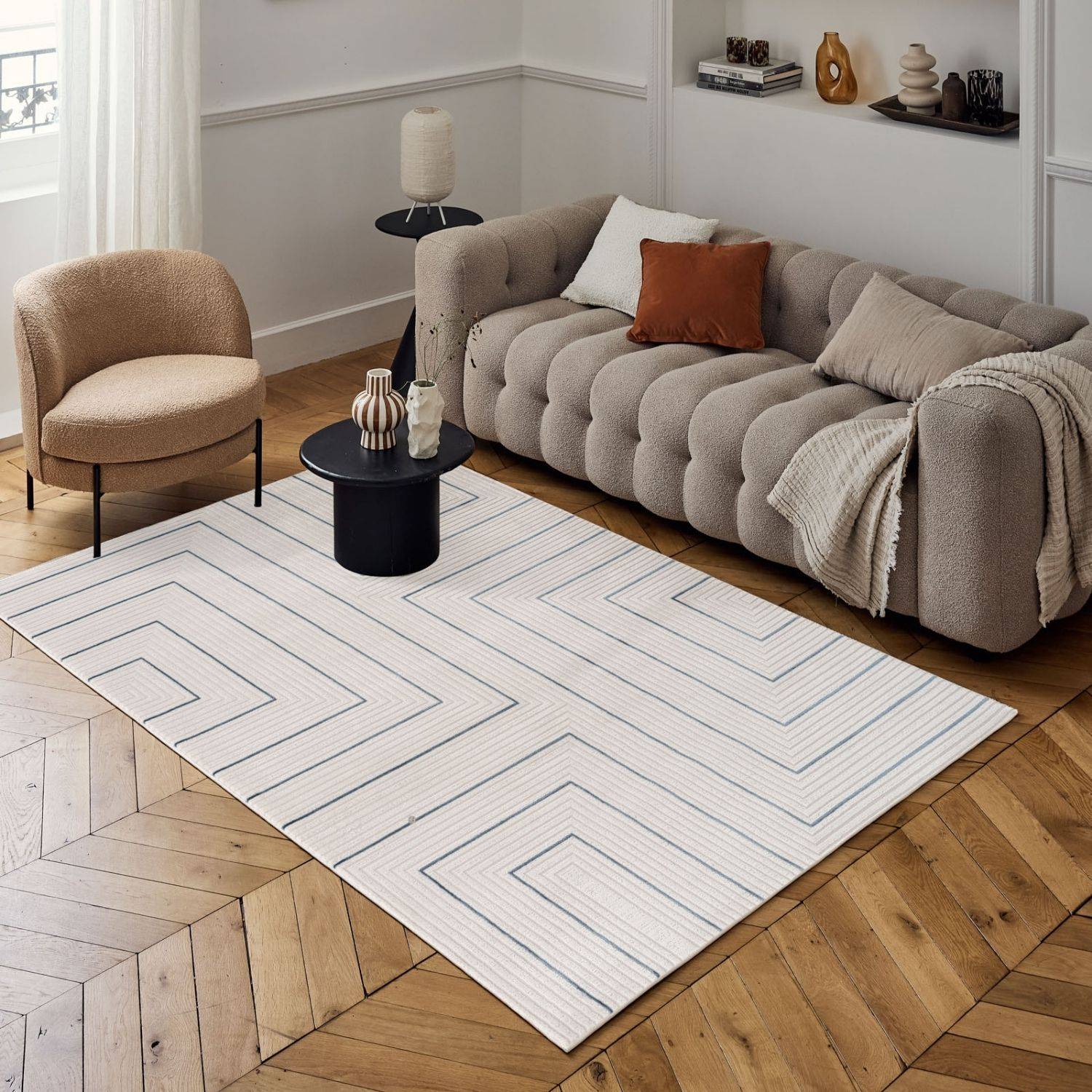 Carmel Cream-Blue Geometric Rug – 6040