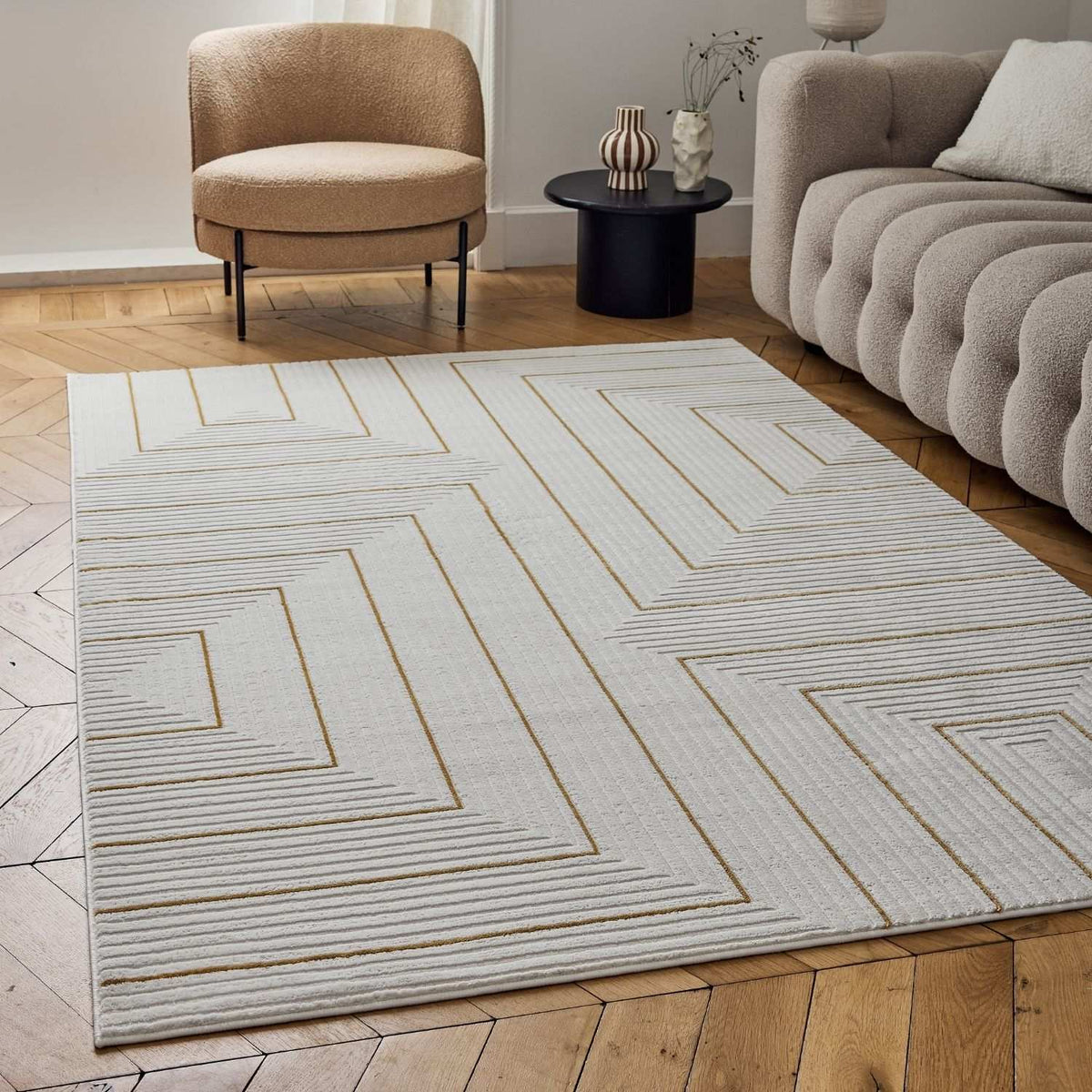 Carmel Cream-Gold Geometric Rug – 6040