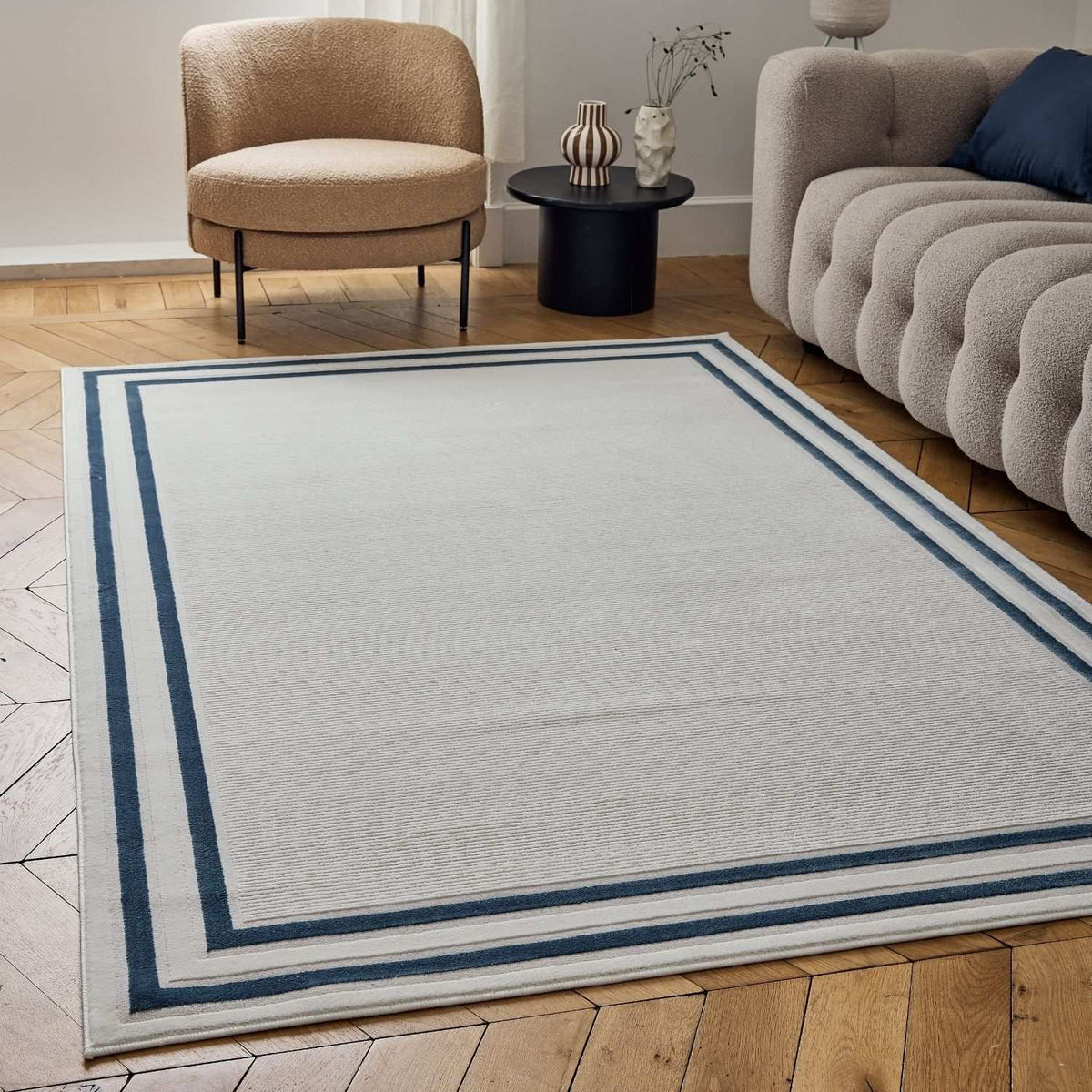 Carmel Cream-Blue Bordered Rug – 6060