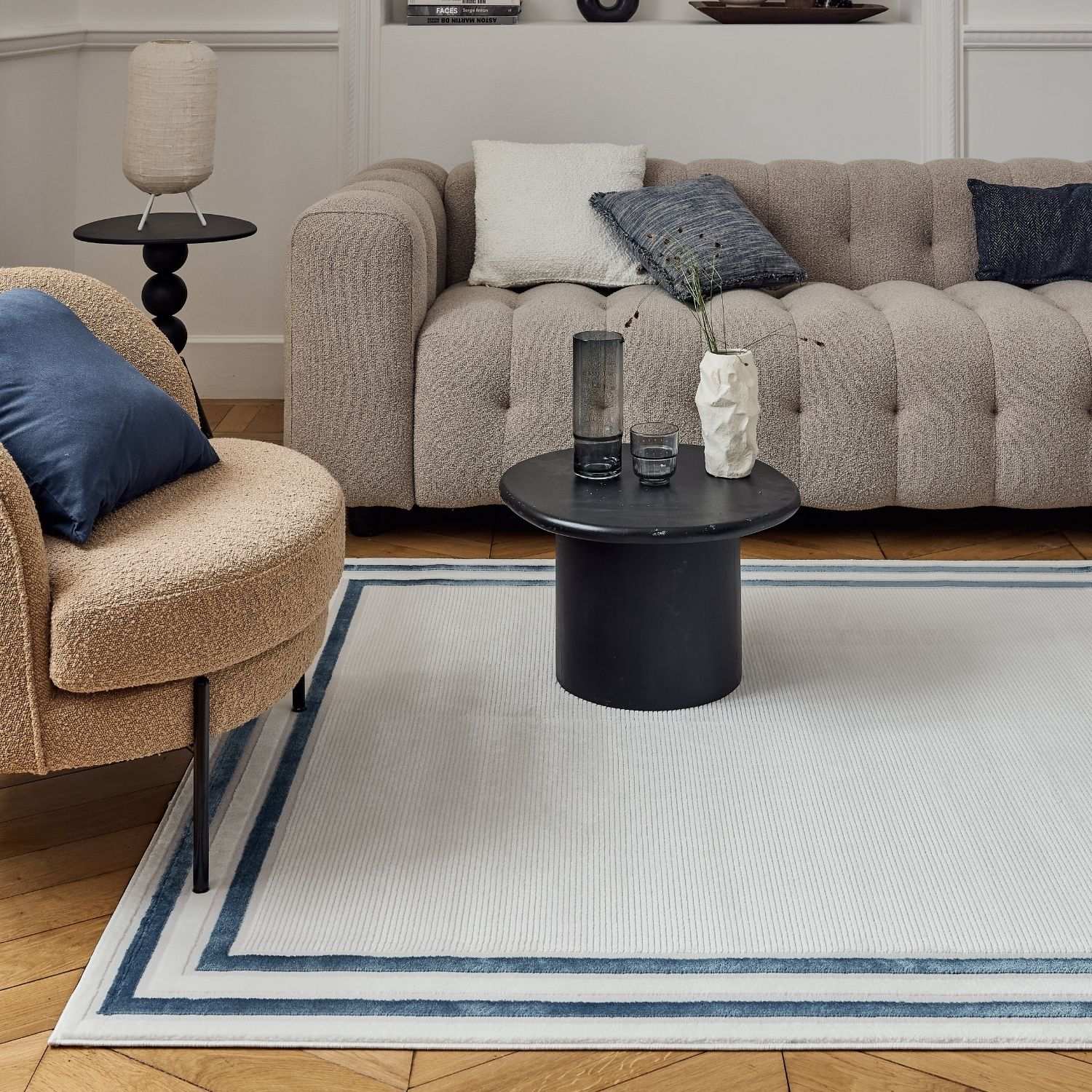 Carmel Cream-Blue Bordered Rug – 6060