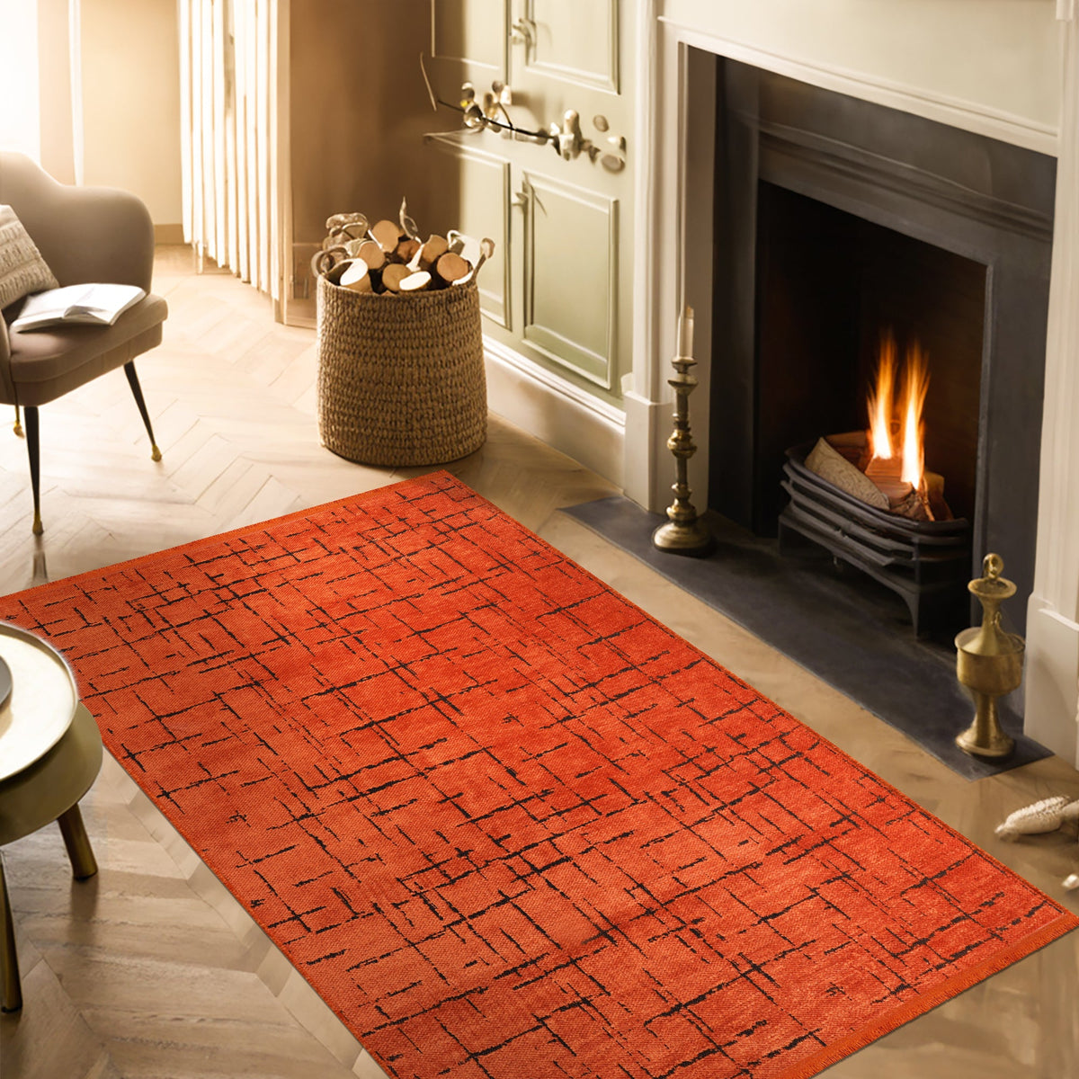 Machine washable orange chenille rug by Netline Home, soft and plush, perfect for living rooms or bedrooms.