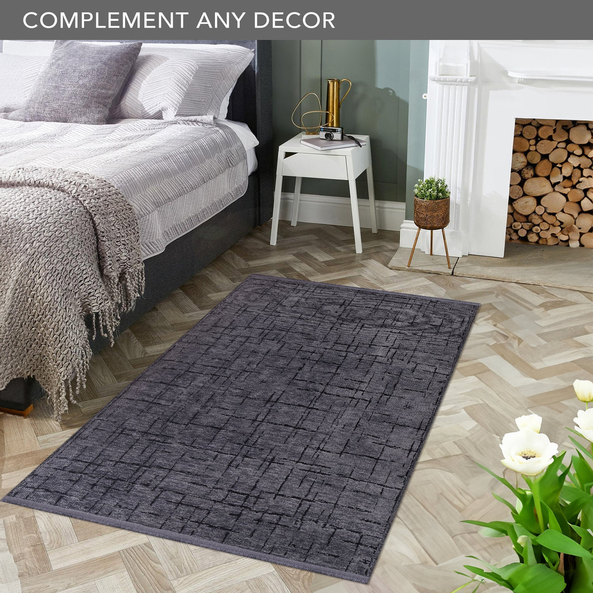 Dark gray, machine washable Chenille rug from Netline Home featuring soft, plush texture and durable design.