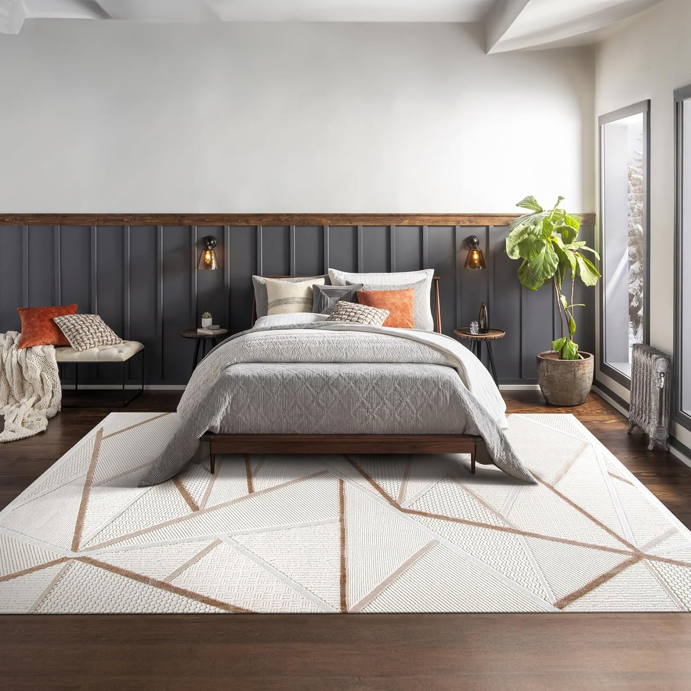Beige and cream geometric area rug by Netline Home, soft, durable, easy-to-clean rug suitable for living room, bedroom, or hallway.