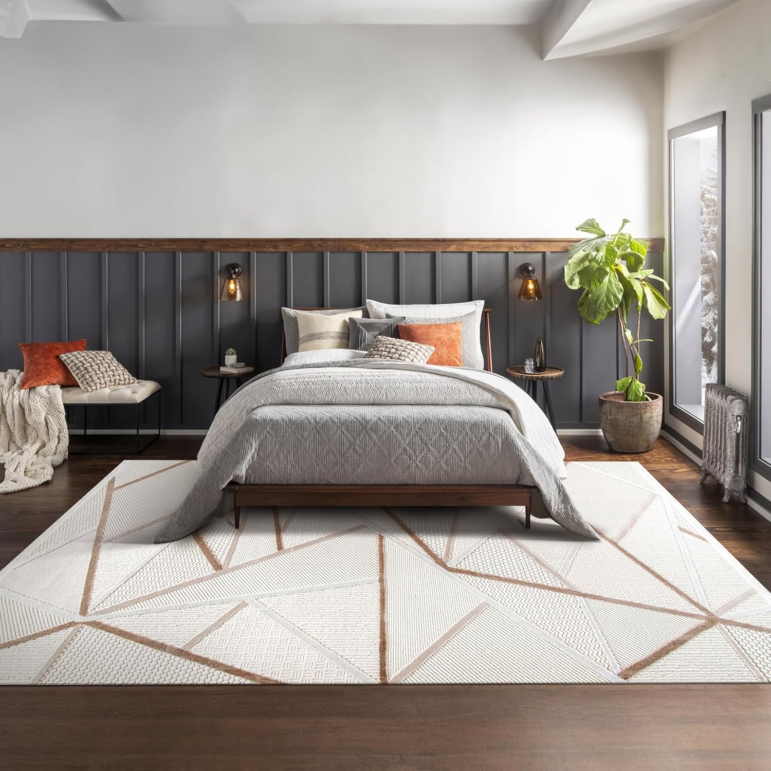 Beige and cream geometric area rug by Netline Home, soft, durable, easy-to-clean rug suitable for living room, bedroom, or hallway.