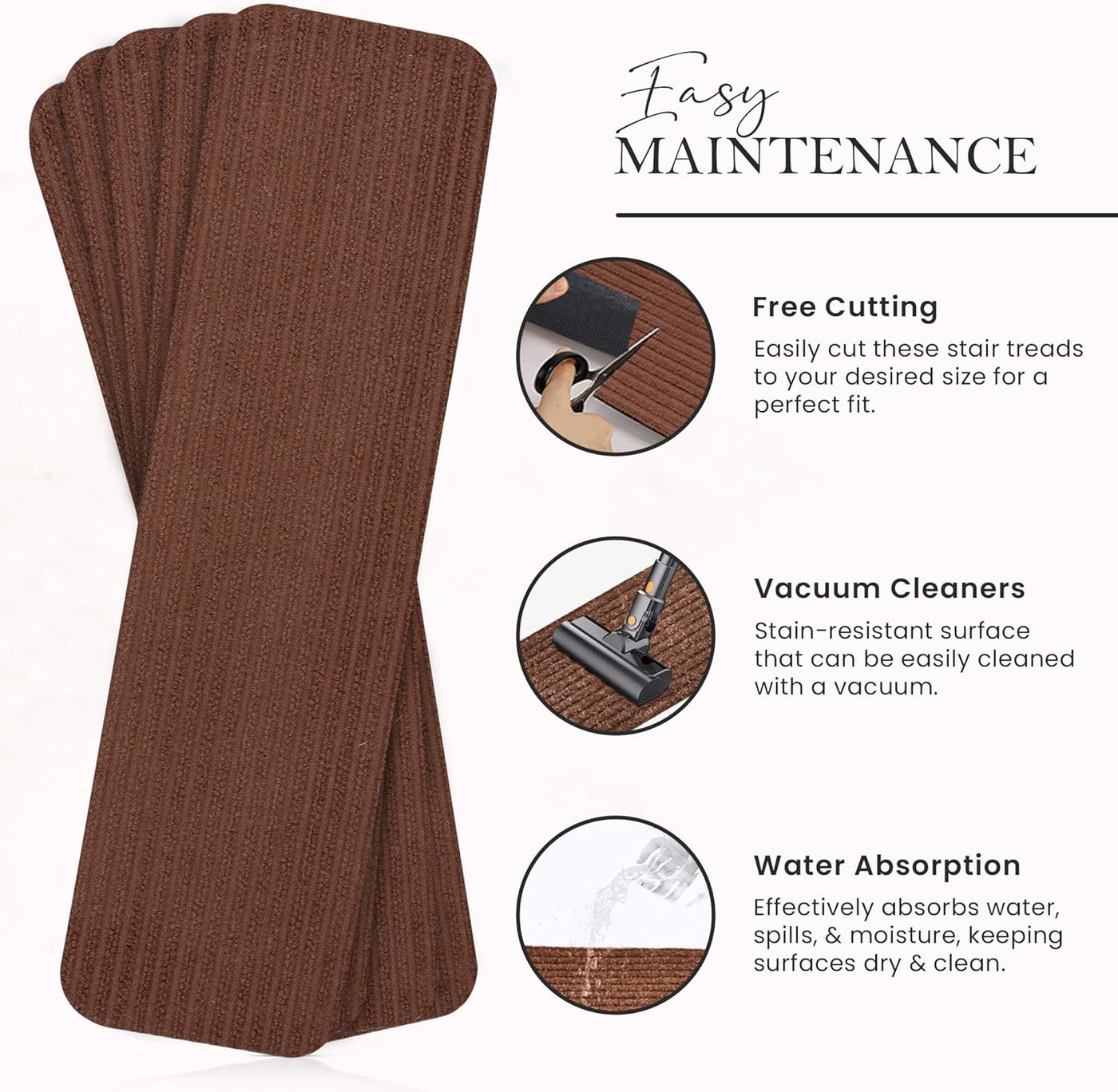Brown non-slip carpet stair treads by Netline Home, 7-pack, self-adhesive runner rug mats for stairs and safety protection.