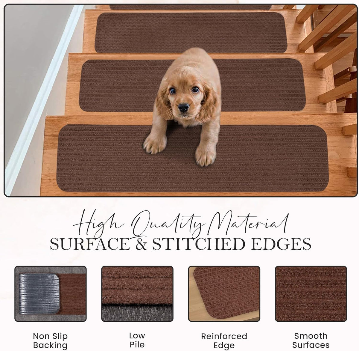 Brown non-slip carpet stair treads by Netline Home, 7-pack, self-adhesive safety rug pads for stairs, kids, and pets.