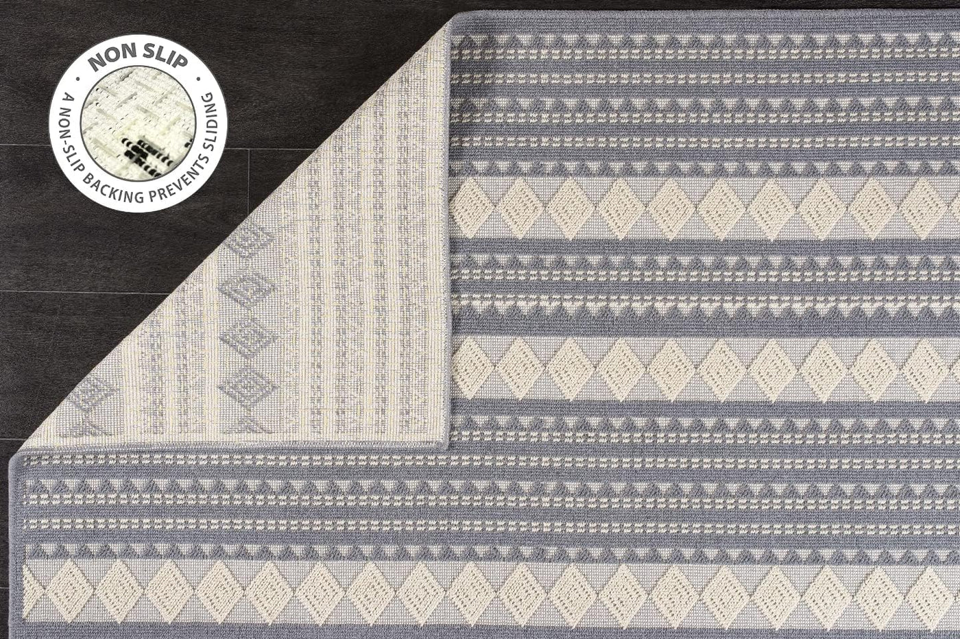 Grey washable cotton area rug from Netline Home, vintage boho style, non-slip, kid and pet friendly, 80x150 cm for living room or bedroom.