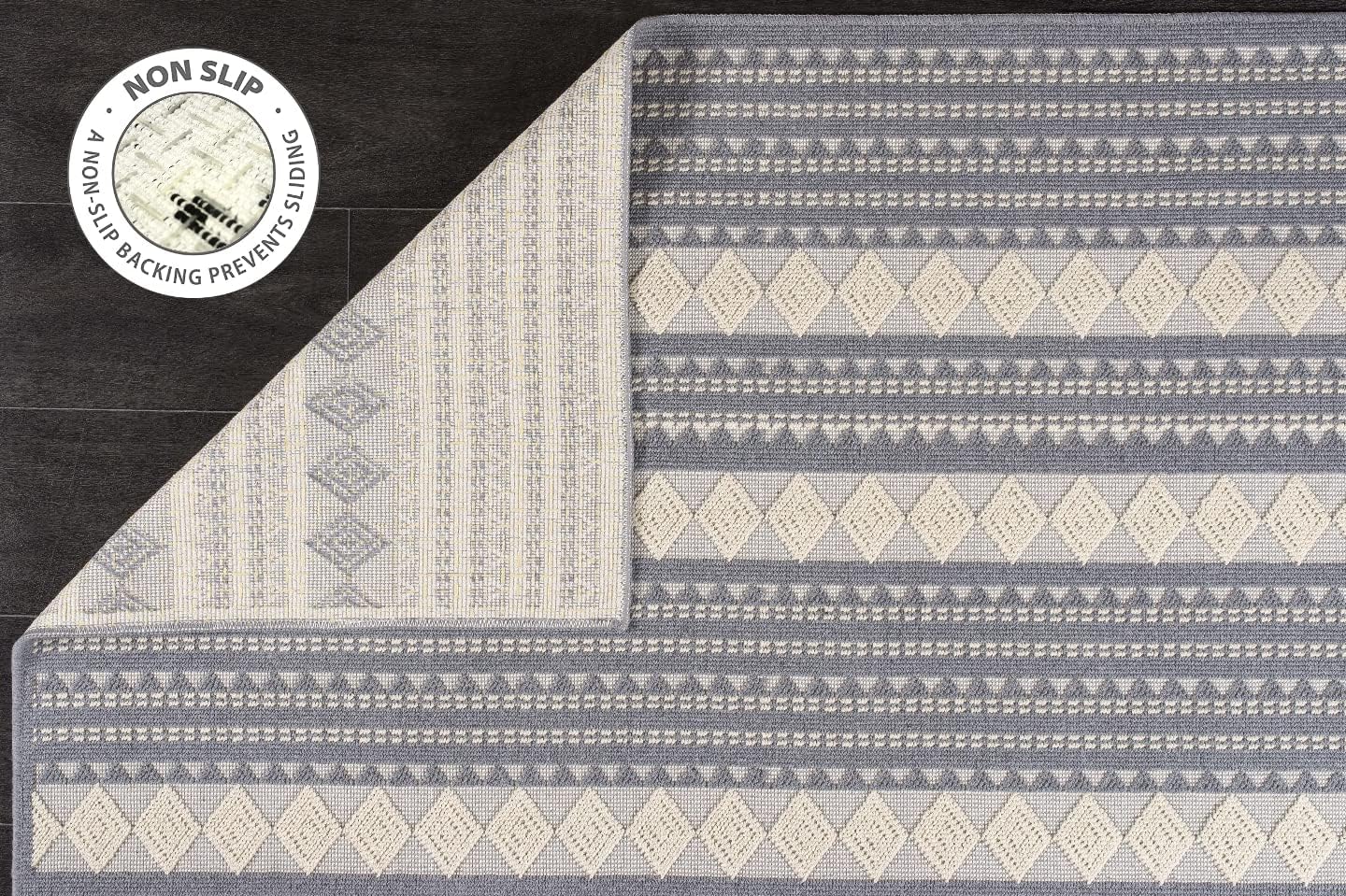 Grey washable cotton area rug from Netline Home, vintage boho style, non-slip, kid and pet friendly, 80x150 cm for living room or bedroom.