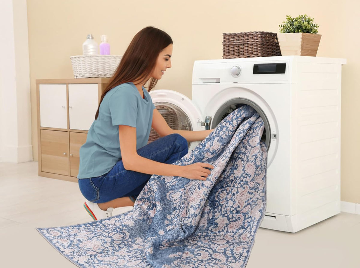 Blue machine washable runner rug by Netline Home featuring a vintage design, non-slip backing, 4mm low pile, ideal for living room or kitchen.