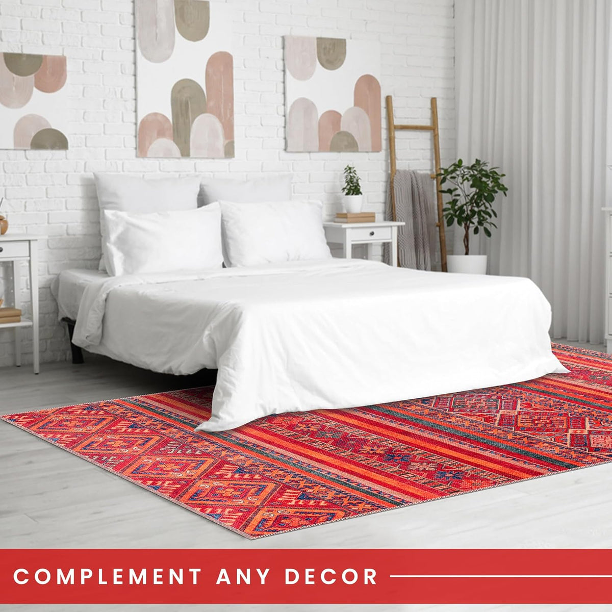 Red tribal Kilim rug by Netline Home, machine washable multicolor geometric striped carpet for living room, bedroom, or dining.