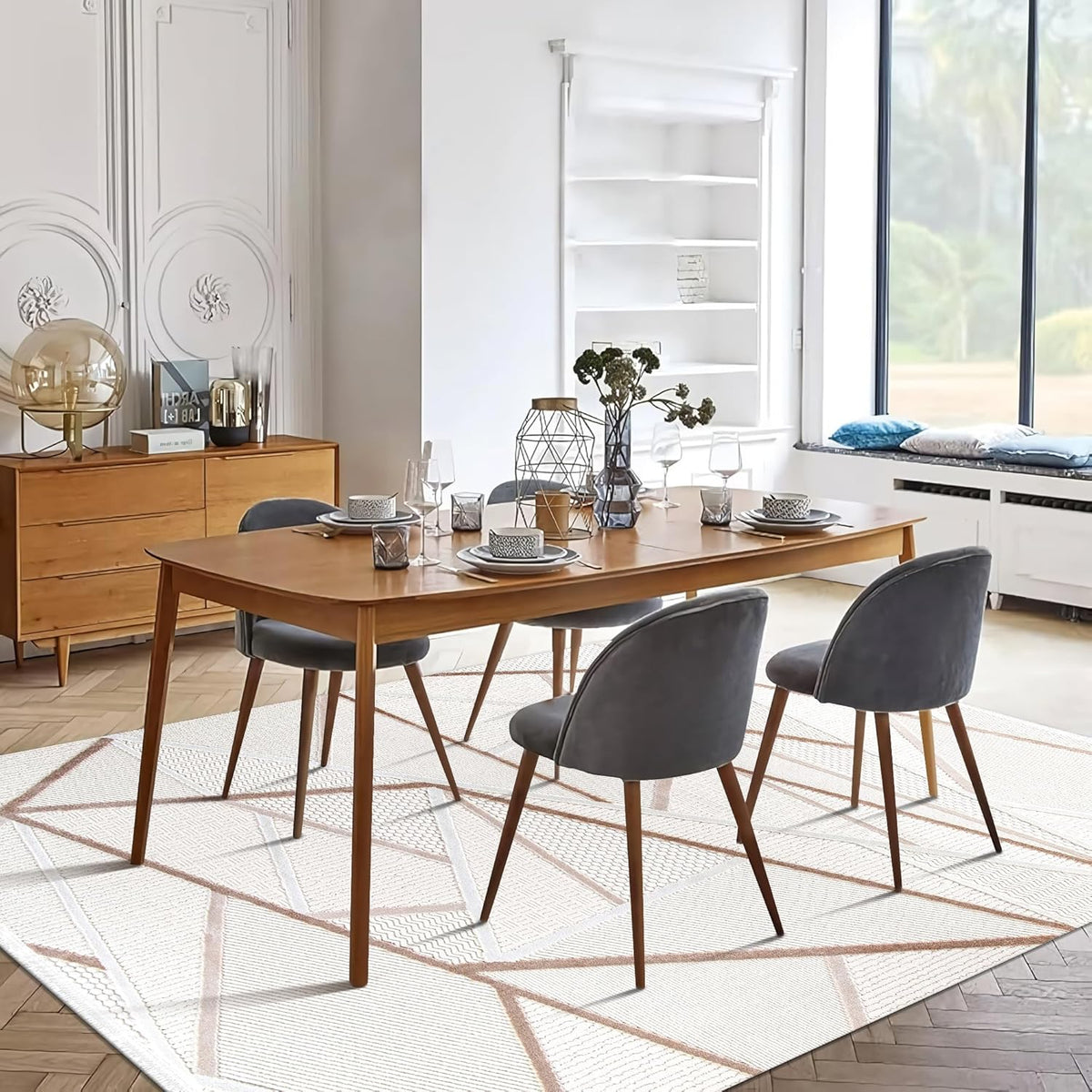 Beige and cream geometric area rug by Netline Home, soft and durable carpet suitable for living room, bedroom, or hallway.