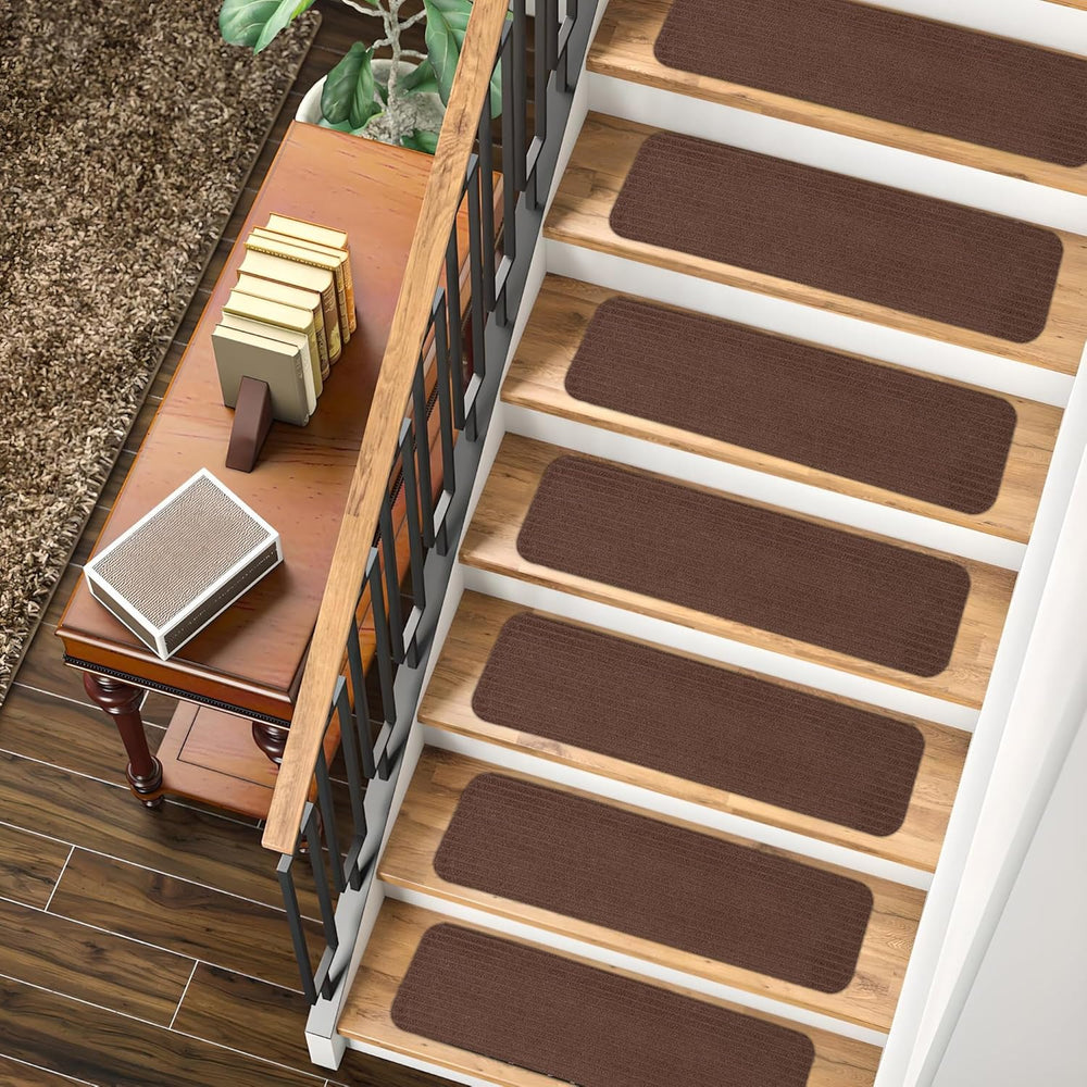 Brown non-slip carpet stair treads by Netline Home, 7-pack, self-adhesive runner rug pads for safety on stairs with kids and pets.