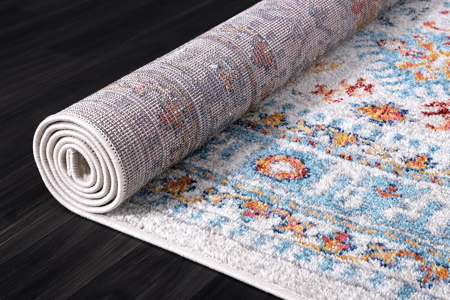 Cream and blue oriental rug with traditional vintage design, soft medium pile, stain-resistant, suitable for living room, bedroom, or dining.
