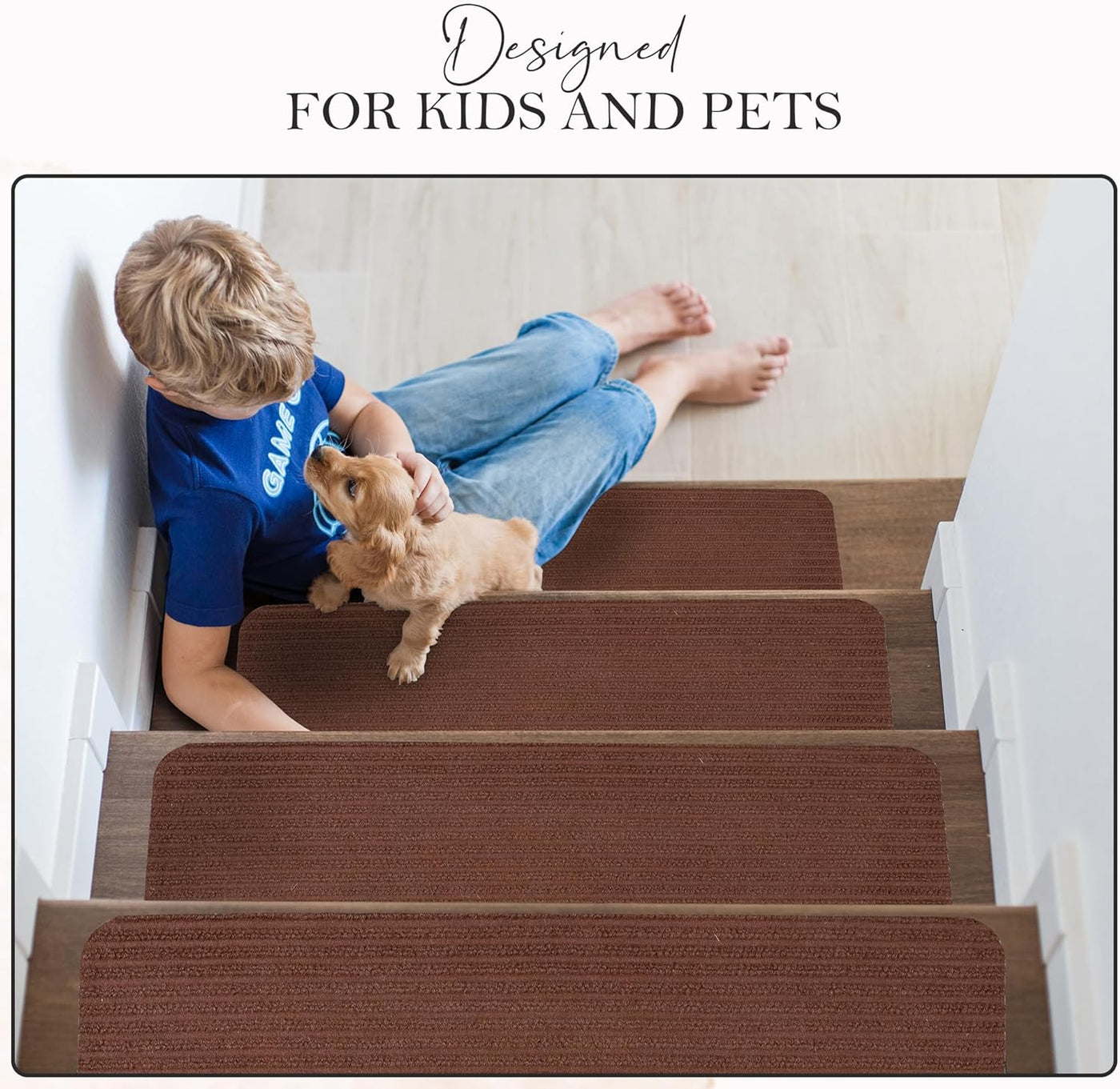Brown non-slip carpet stair treads by Netline Home, 7-pack, easy to install anti-skid rug pads for stairs with self-adhesive backing.