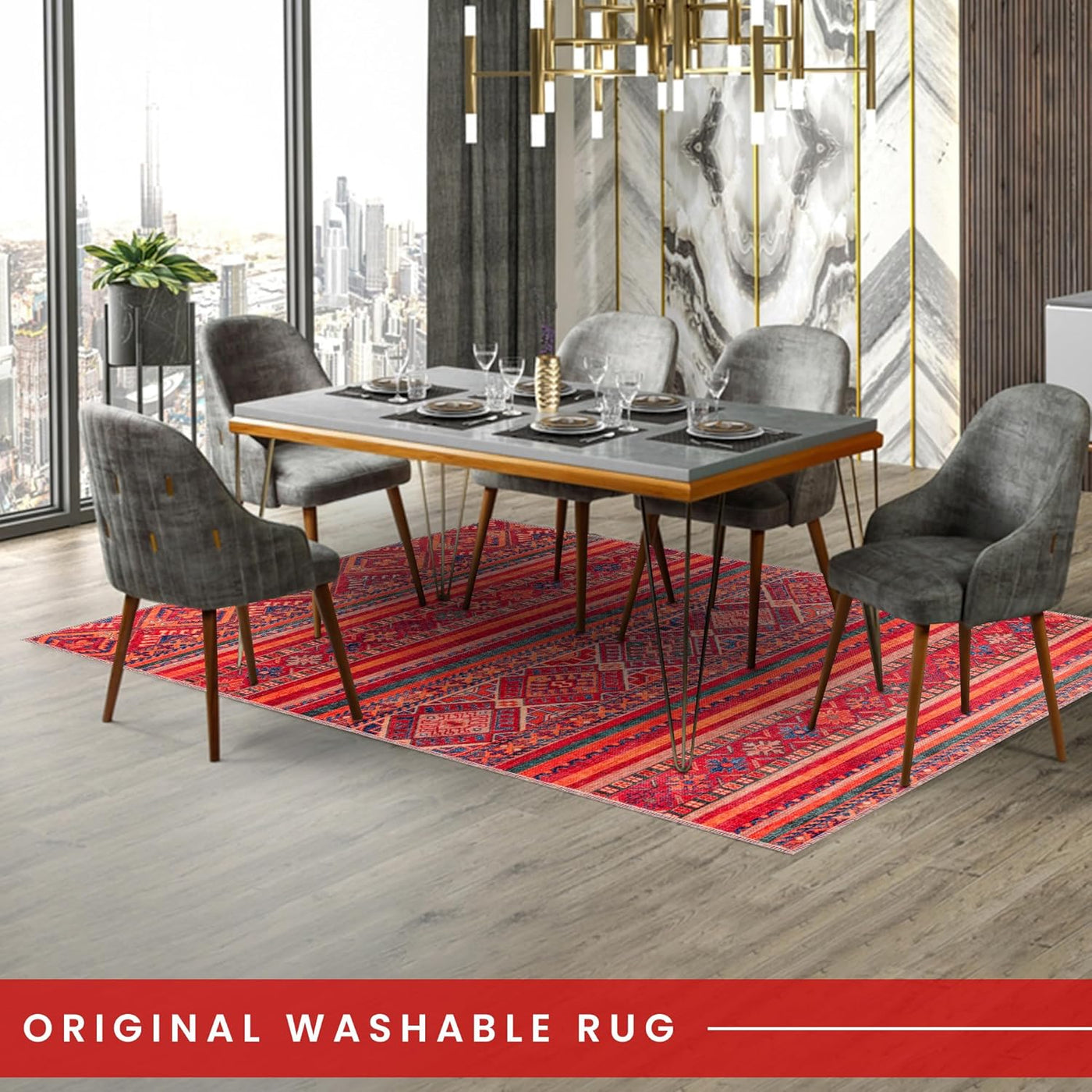Machine washable red tribal Kilim rug with multicolor geometric stripes, ideal for living room, bedroom, or dining area.
