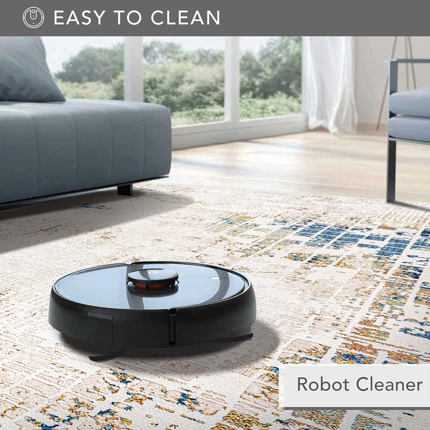Beige and blue low pile bohemian-style area rug by Netline Home, perfect for living rooms, bedrooms, kitchens, and hallways.