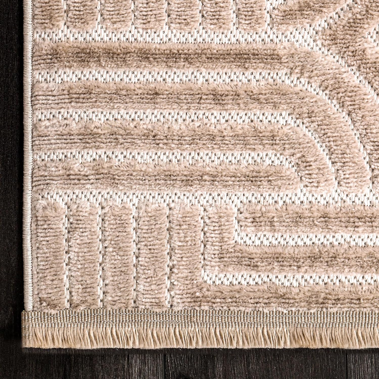 Modern textured polypropylene area rug by Netline Home, taupe geometric design, medium pile, ideal for living room, bedroom, or dining room.