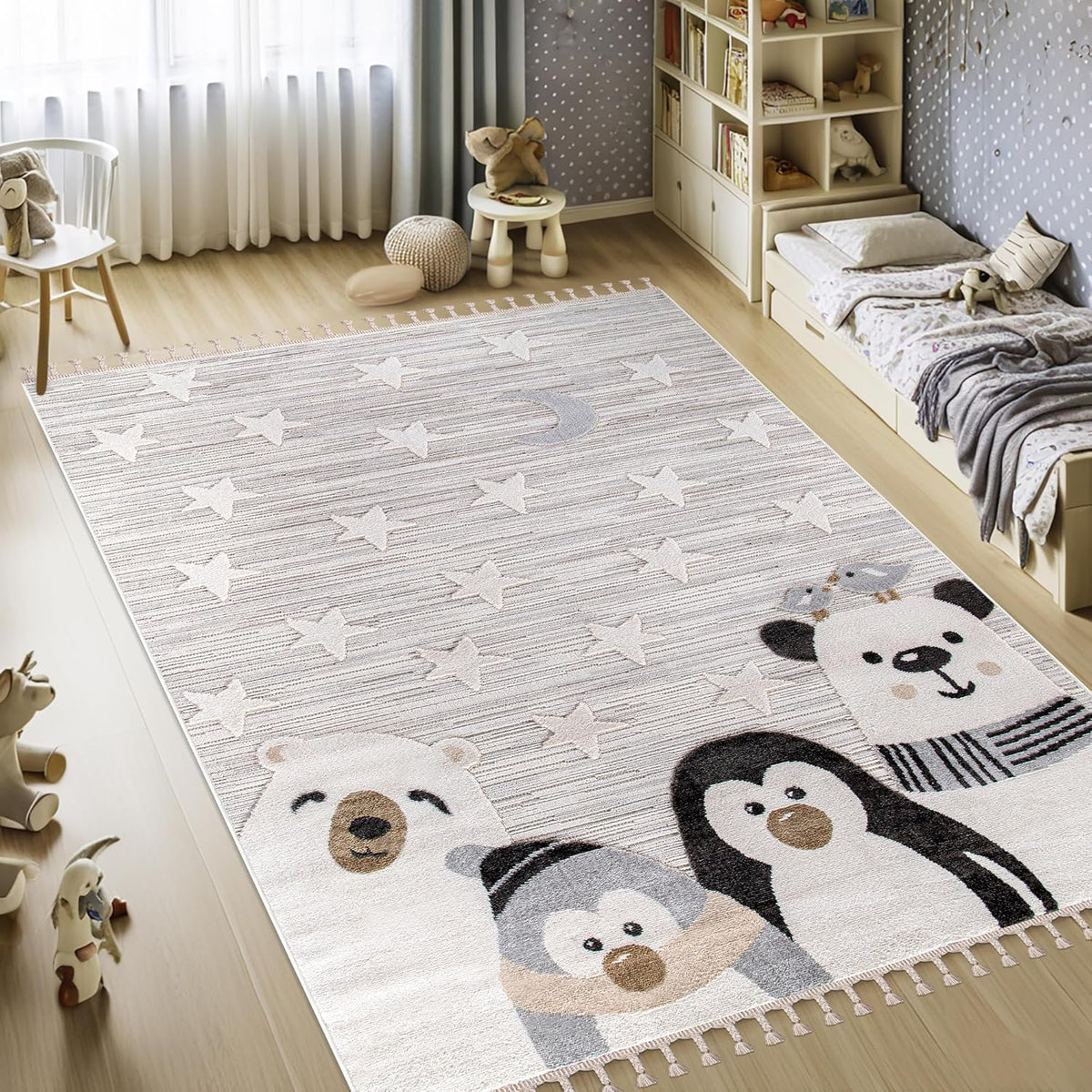 Kids rug from Netline Home featuring soft gray cartoon designs, ideal for children's rooms, nurseries, and playrooms.