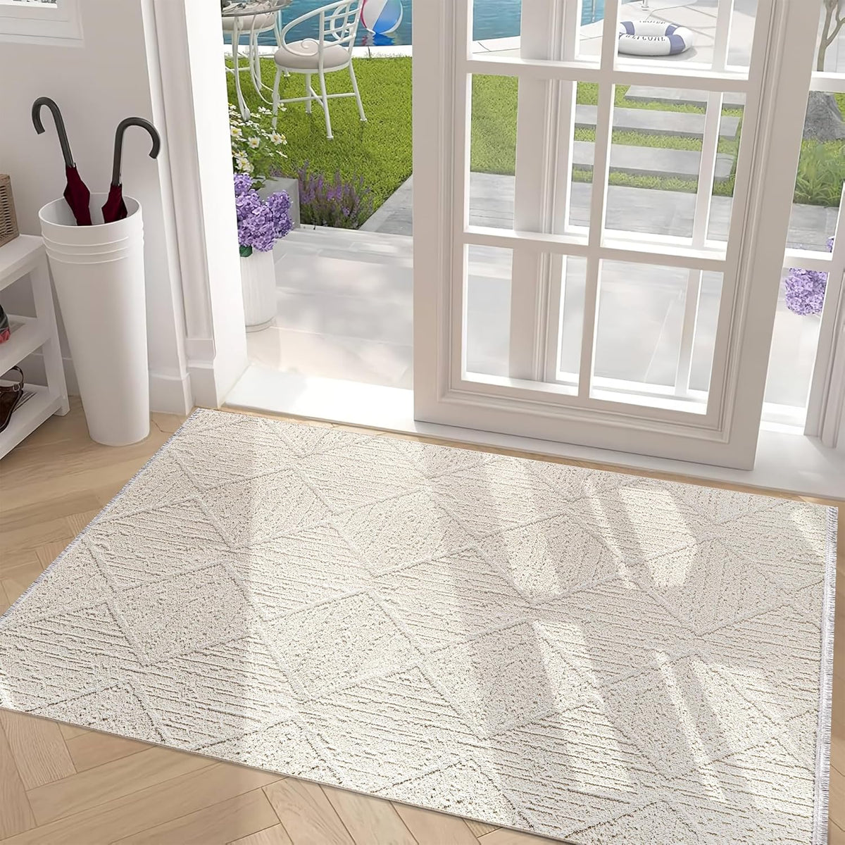 Beige fluffy rectangular area rug from Netline Home, 80x150 inches, non-shedding and shed-resistant for living room or bedroom decor.