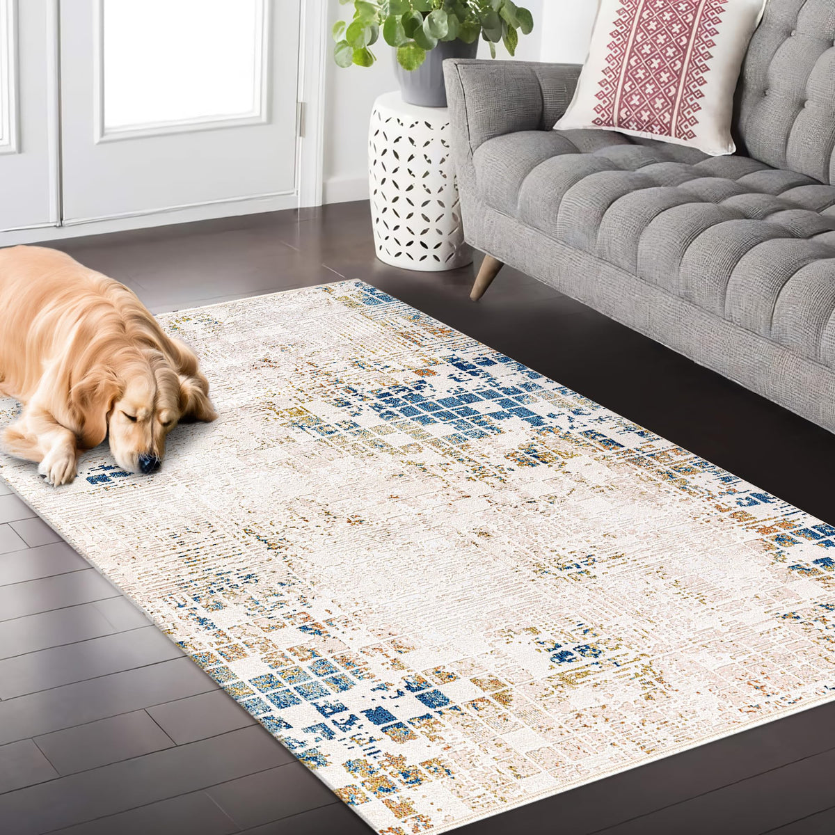 Soft beige and blue bohemian style rug by Netline Home, 200x290 cm, low pile, suitable for living room, bedroom, kitchen, or hallway.