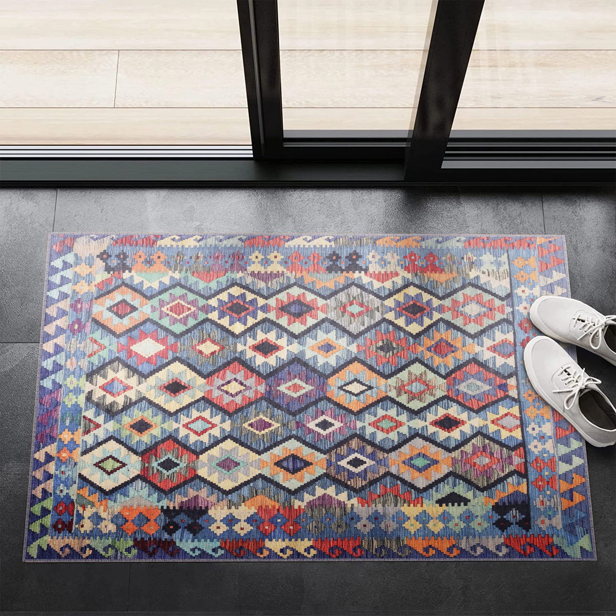 Netline Home washable boho-style runner rug with colorful vintage flatweave design, non-slip backing, ideal for living room and hallway flooring.