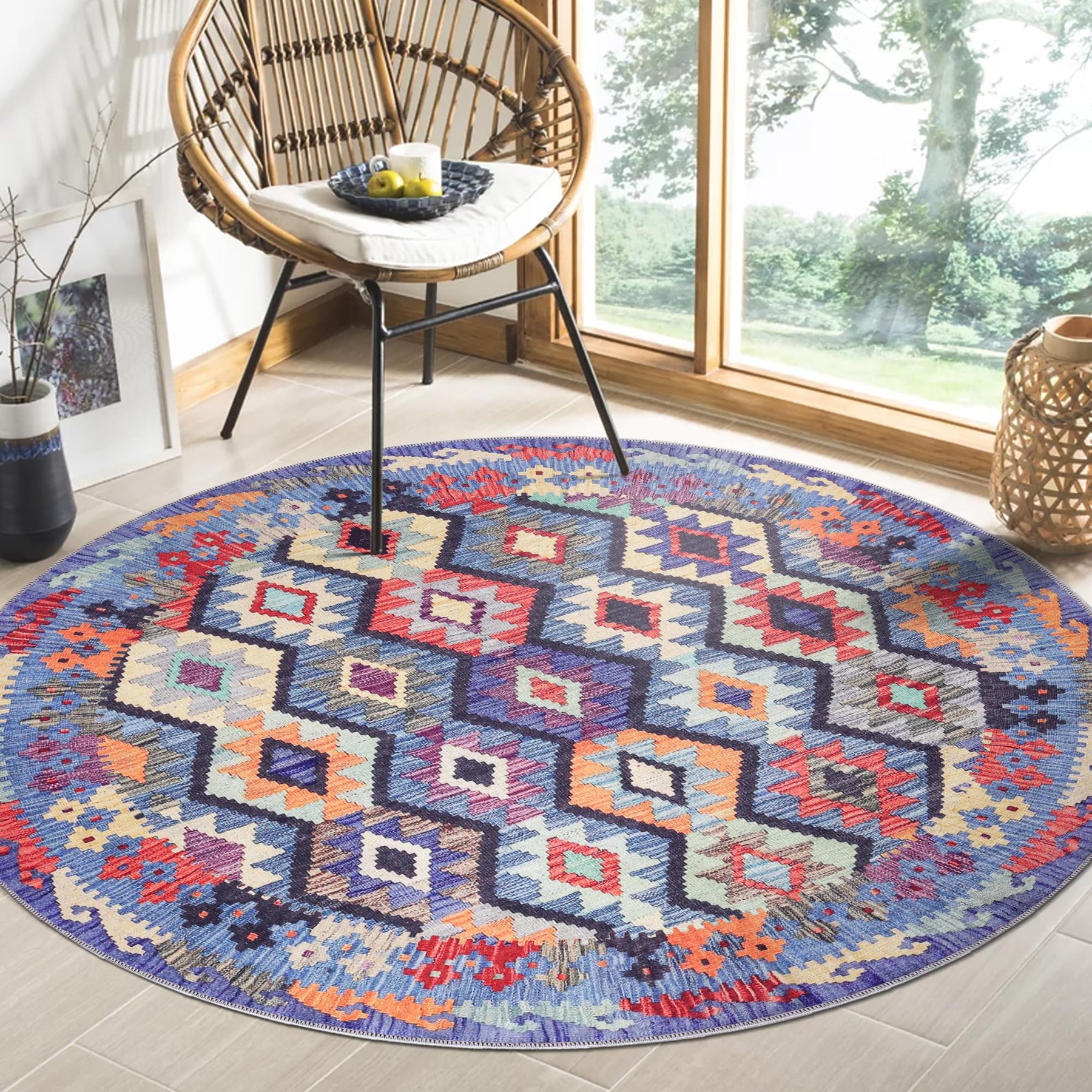 Multicolour Netline Home washable boho-style runner rug with traditional flatweave design, non-slip backing for living room or hallway.