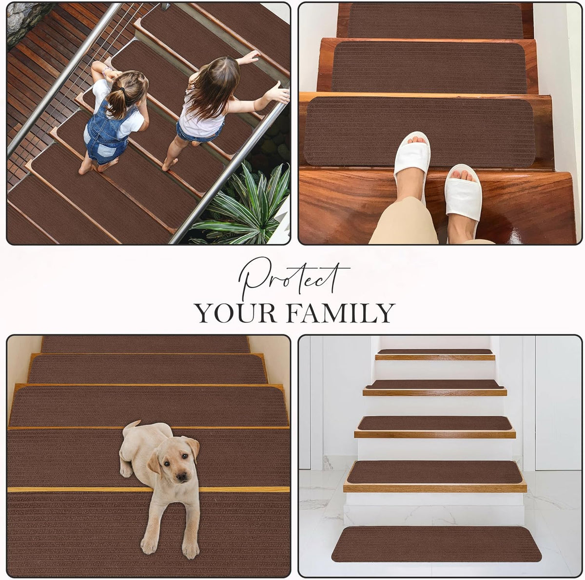 Set of seven brown non-slip carpet stair treads by Netline Home, self-adhesive runner rug mats for safety on stairs.